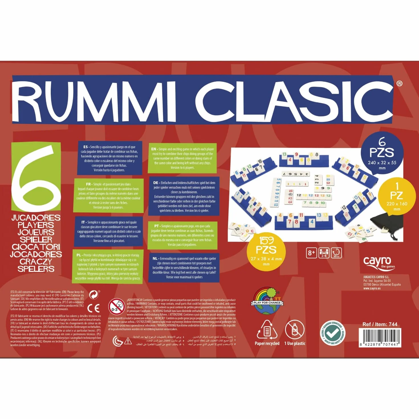 Cayro - Rummi - + 8 Ans - Modèle Classique - Jeux De Société Amusants pour Enfants Et Adultes - 159 Pièces, 1 Sac en Tissu Et 6 Supports - 2 À 6 Joueurs
