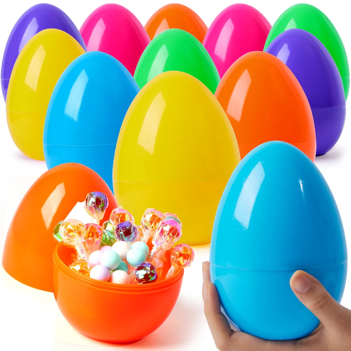 JOYIN Lot de 12 œufs de Pâques Jumbo - 15,2 cm - En plastique - Colorés - Œufs vides à remplir pour le jeu de recherche d'œufs de Pâques - Jouets pour tout-petits - Remplissage pour remplissage de