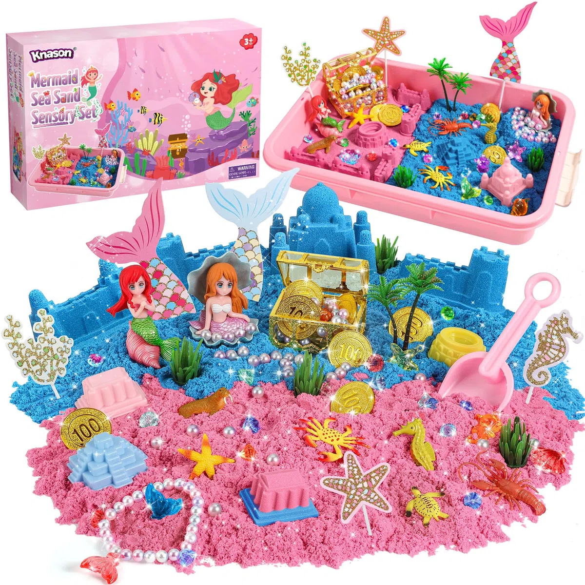 KNASON Sable Jouet Magique pour Sirène, Jeu de Sand Kit pour Filles et Garçons avec 1KG de Sable coloré,Accessoires Trésor et Bac à Sable,Cadeau d'Anniversaire pour les Enfants de 3 4 5 6 7 8 ans