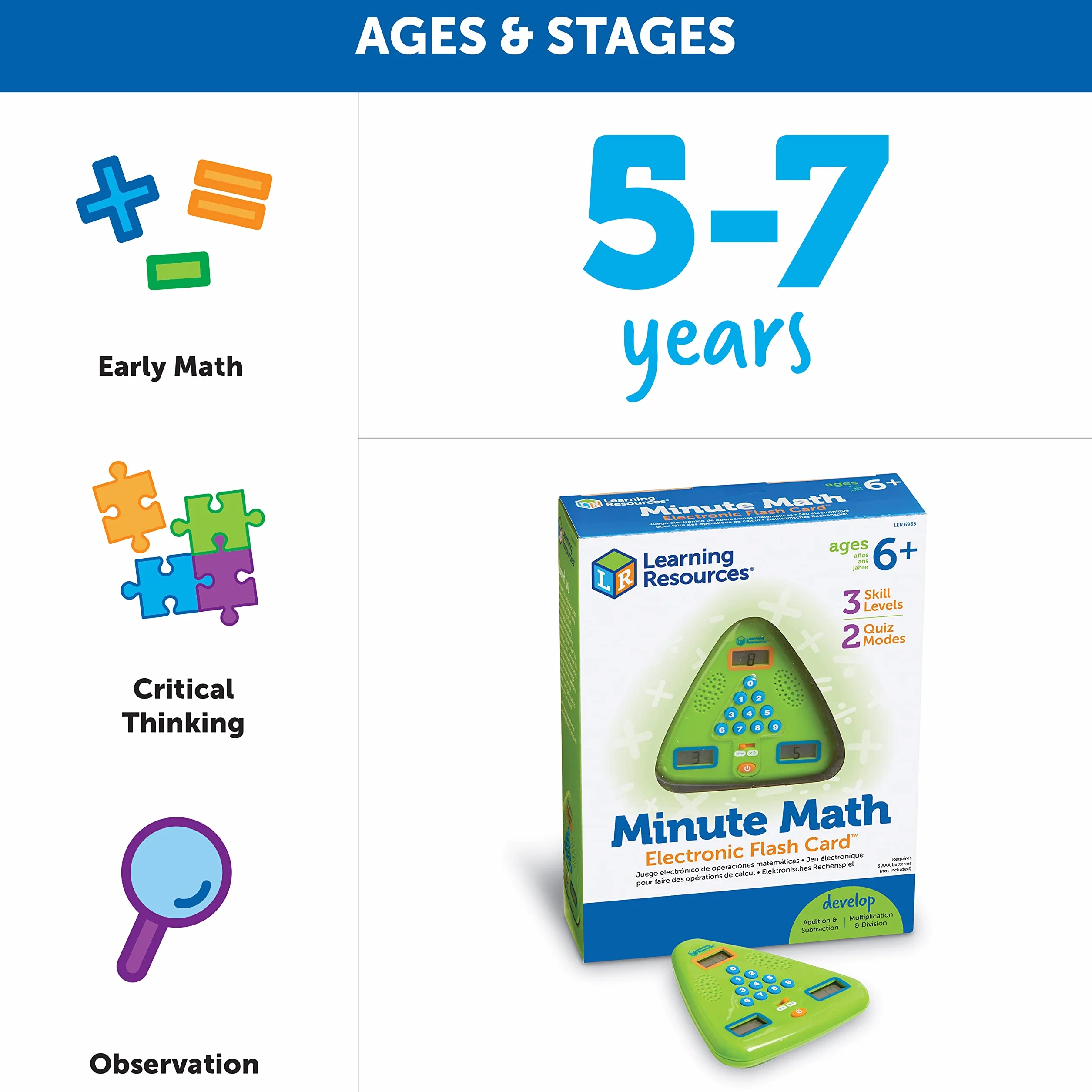 Learning Resources Carte Flash Électronique Minute de Maths, Dès 7 Ans, Jeu Mathématique Éducatif, Calcul Mental Rapide pour Additions Soustractions Multiplications Divisions