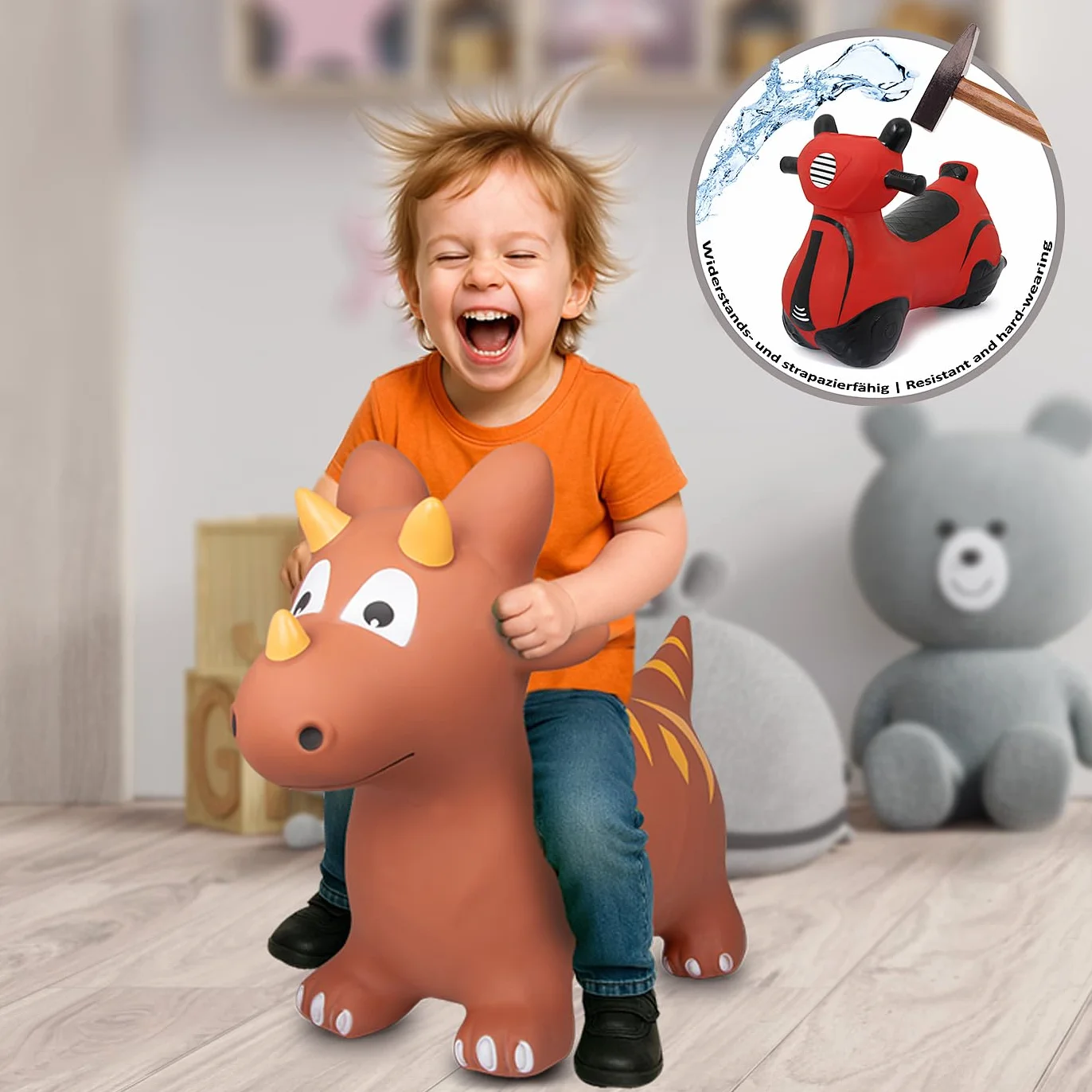 JAMARA 460591 - Dinosaure Sauteur avec Pompe - sans BPA - Jusqu'à 50 kg - Favorise Le Sens de l'équilibre et la motricité - Les Oreilles d'animaux servent de Soutien, Robuste et résistant, Facile