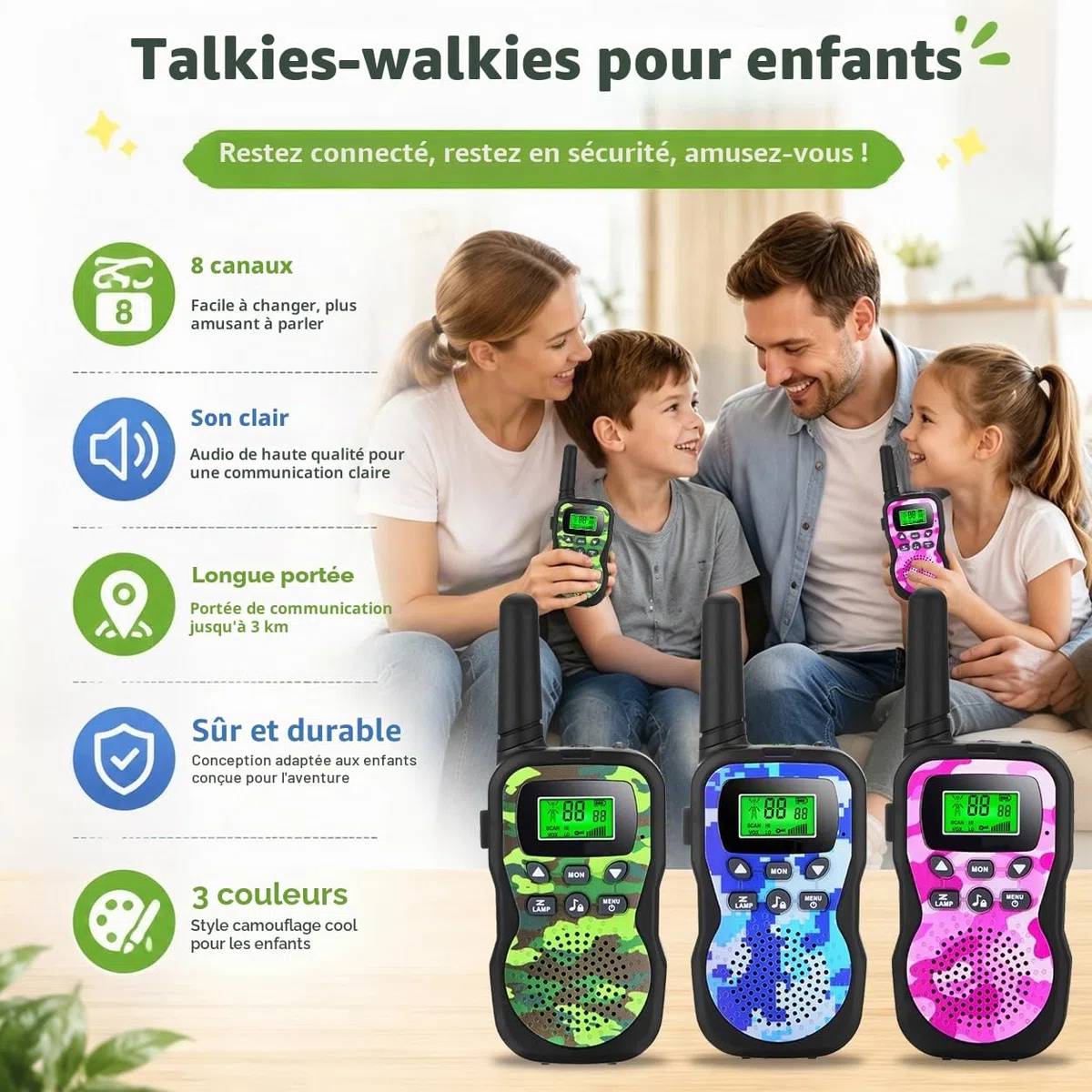 JUAUO 3PCS Talkie Walkie Enfants Rechargeable, 8 Canaux Radio à 2 Voies Talkie-Walkie Longue Portée 3 KM, Cadeaux d'anniversaire pour Garçons Filles, Jouets de Plein air pour Enfants de 3 à 12 Ans