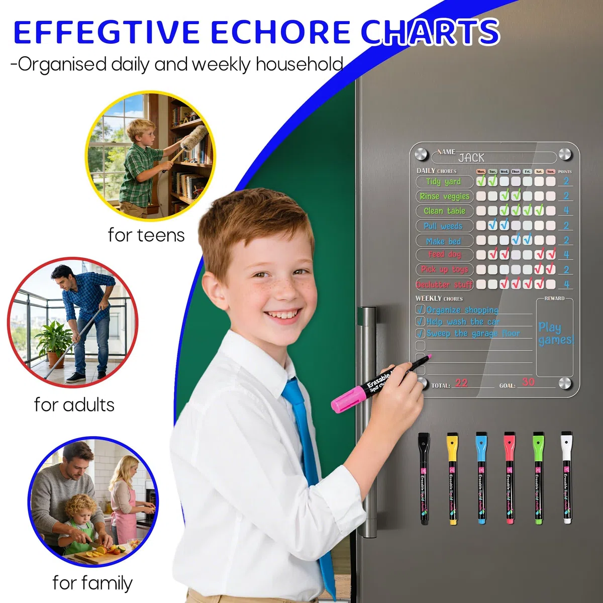 Tableau de corvée magnétique en acrylique pour enfants, plusieurs enfants, tableau de corvée transparent pour réfrigérateur, tableau de responsabilité, récompense de comportement, 2 tableaux de tâches