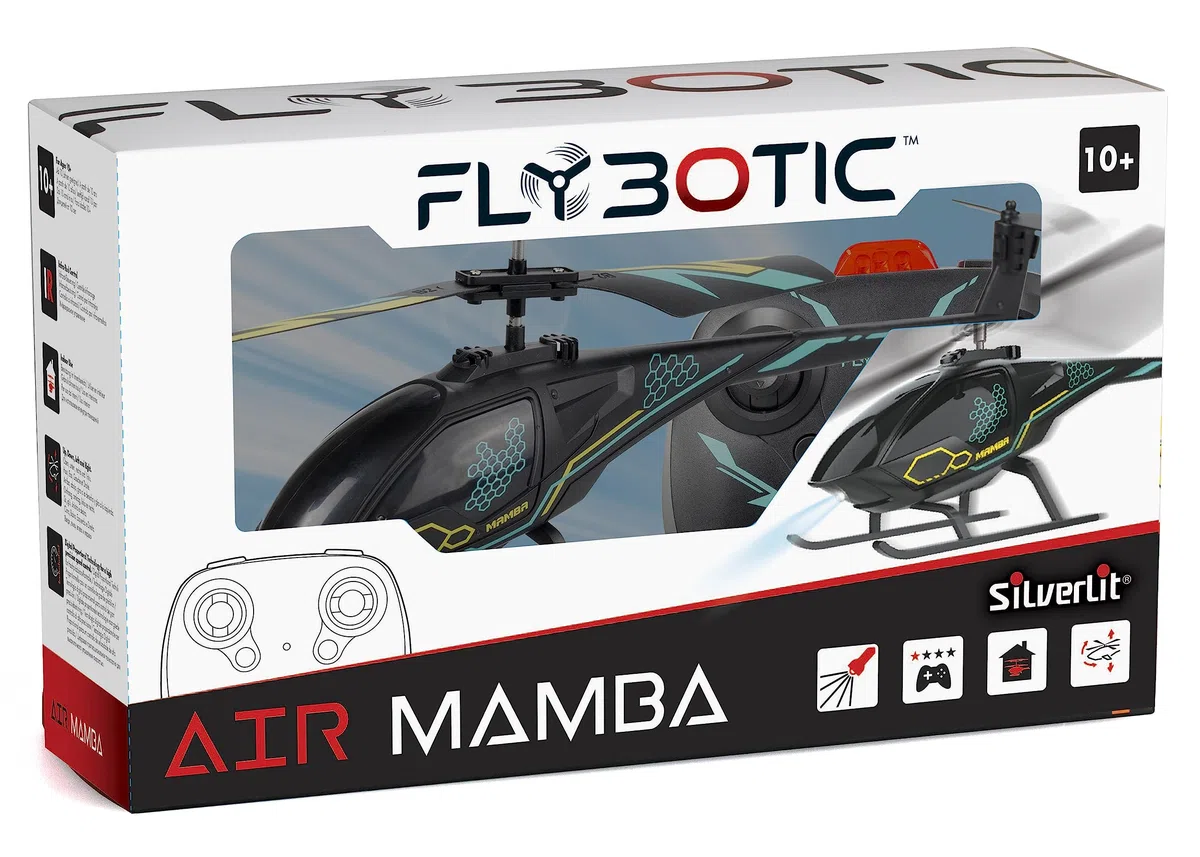 FLYBOTIC - Hélico Air Mamba - Hélicoptère Télécommandé 18 cm avec Effets Lumineux pour Enfant et Adulte - 2 Canaux de Contrôle - Infrarouge - Batterie Rechargeable - Usage intérieur - Dès 10 Ans