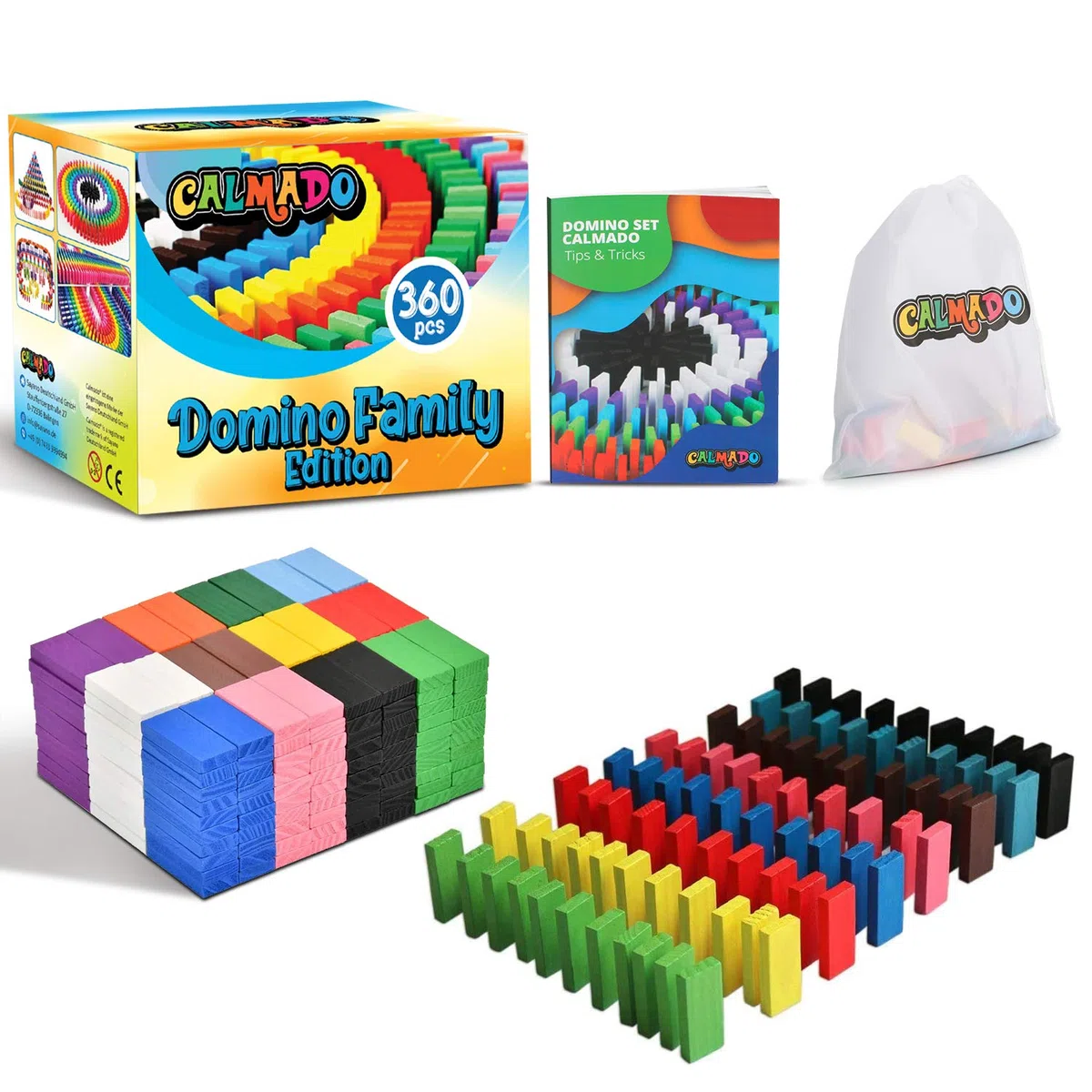 calmado – 360 pièces Dominos en Bois – Set Domino Rallye pour Enfants et Famille – Dominos Colorés en Bois pour Construire, Jouer et Créer – Domino Family Edition avec Sac de Rangement et Instructions