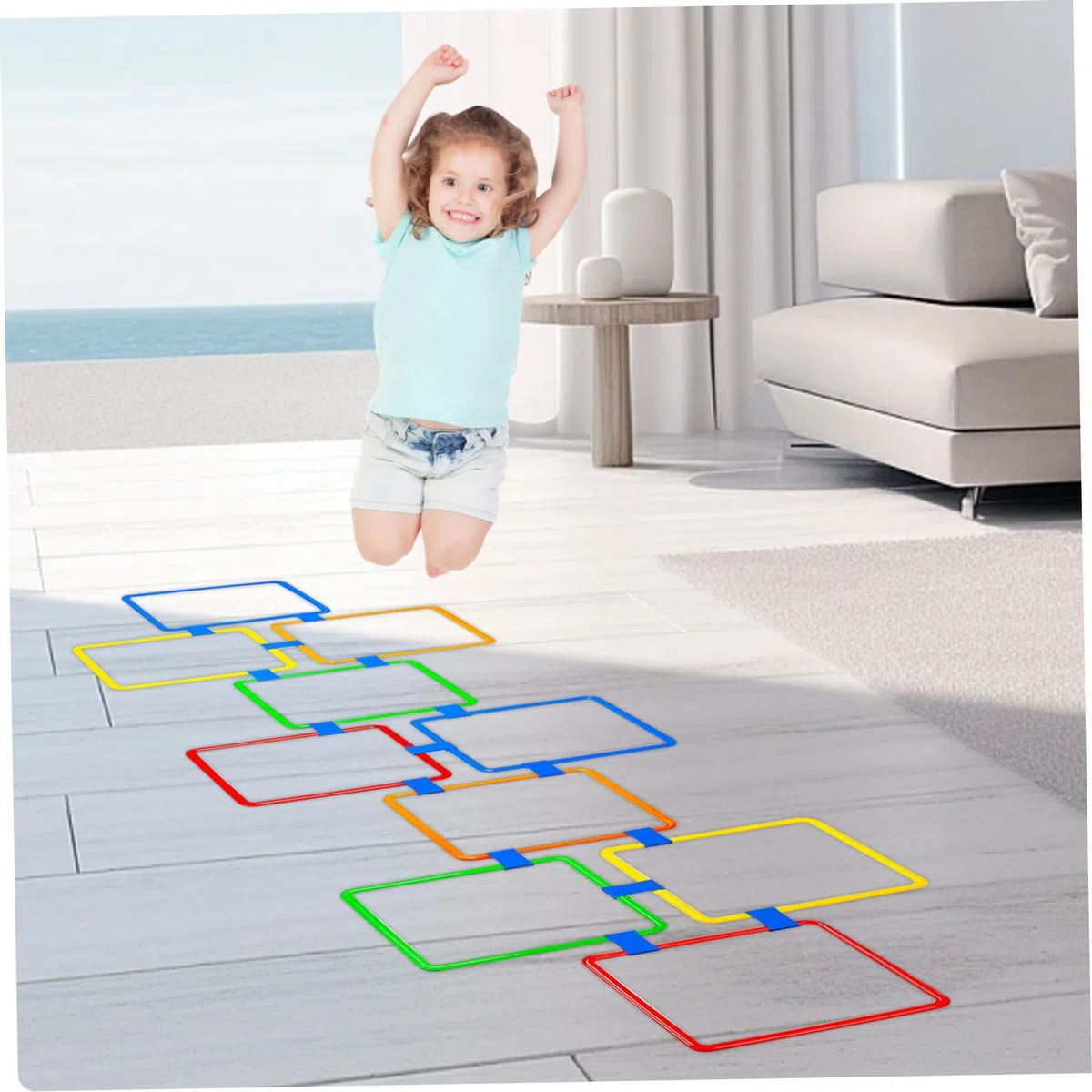 Jorzer Jeu de marelle, 10 Anneaux carrés de 15 Pouces, Anneaux d'agilité Multicolores, Parcours d'obstacles Amusant, équipement Jeu 'extérieur pour Enfants, Jouets