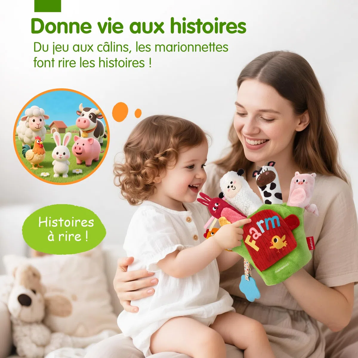 hahaland Jouet Bébé 6-12 Mois – Marionnettes Animaux de Ferme avec Anneau de Dentition & Papier Froissé, Jouet Sensoriel Montessori pour Bebe Fille Garçon 6 9 12 Mois