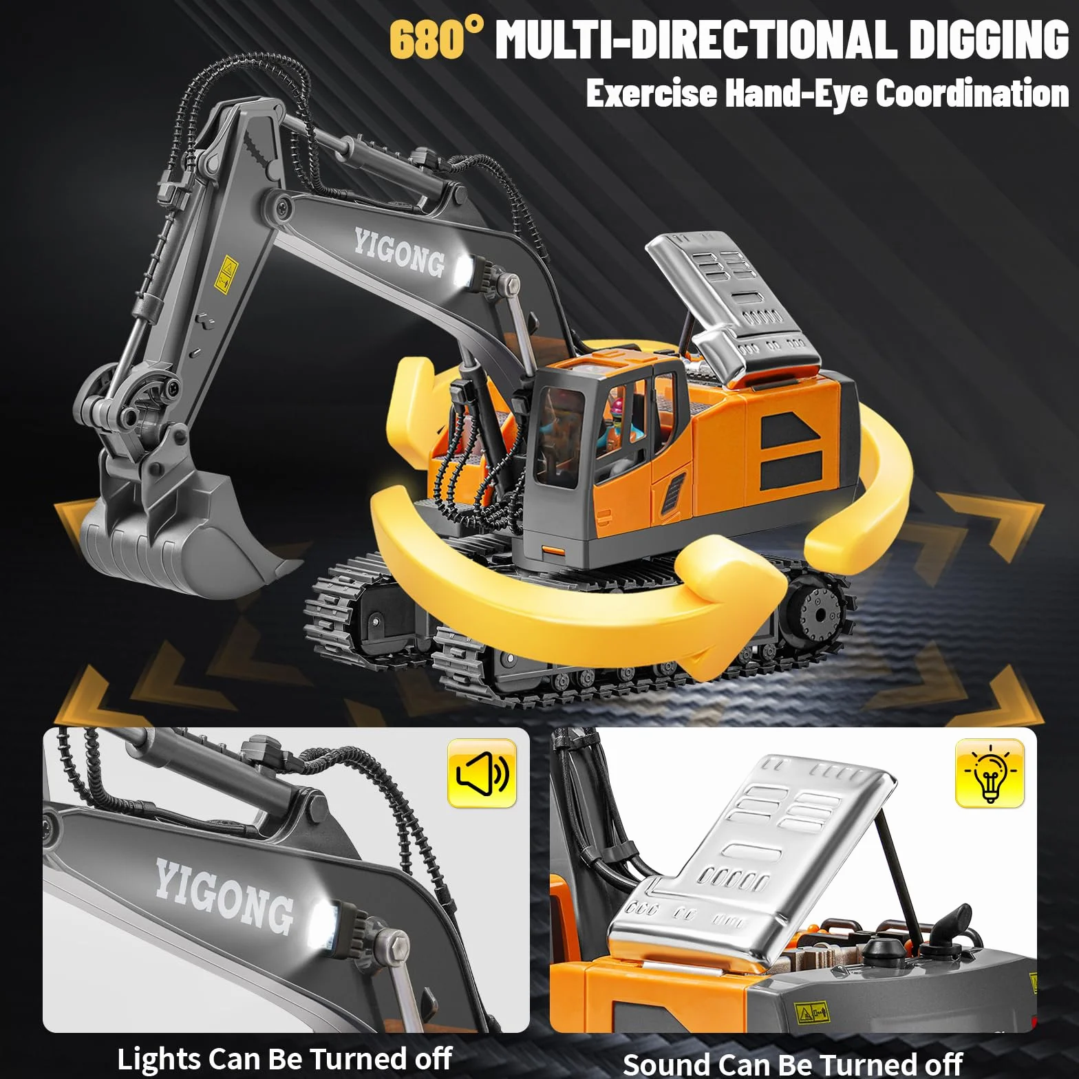 Excavateur Télécommandé pour Enfants,Excavateur Rechargeable avec Pelle en Métal,Excavateur Hydraulique Rc avec Lumières et Sons,Jouet de Creusage pour Garçons de 4-14 Ans