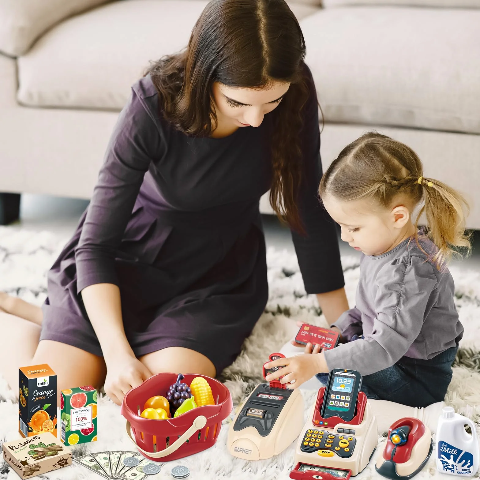 deAO Kit de supermarché avec Une Caisse enregistreuse avec Scanner, Une Carte de crédit, des Aliments, de l’Argent et des Accessoires d’épicerie – Jeu de rôle pour Enfants.