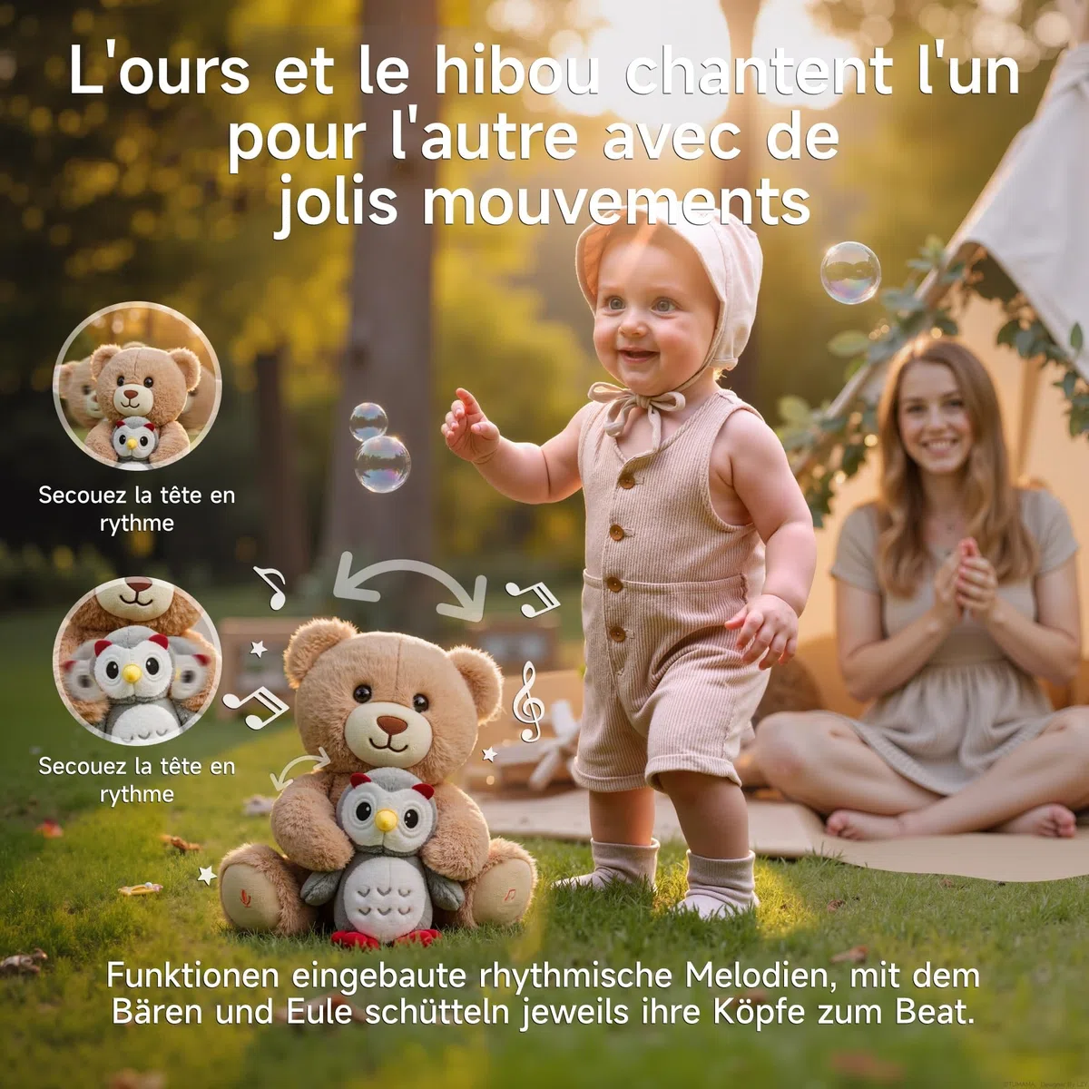 Ours en Peluche Musicale avec Hibou, Nounours Interactive Parlant, Jouet en Peluche Qui Enregistre et Répète, Cadeau pour Bébé Fille Garçon