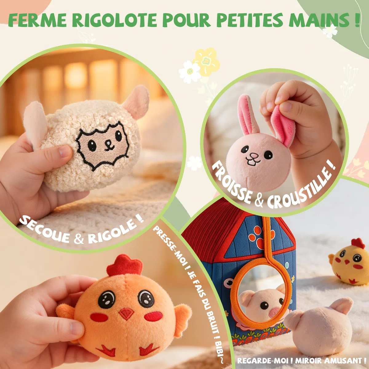 SAIMAND Jouet Bebe Animaux de la Ferme en Peluche, Jeux Sensoriel Montessori avec Grange, Hochets et Miroir, Jouet d’Éveil Bébé 0-3-6-9-12 Mois, Cadeau Bébé Enfant Garçon et Fille