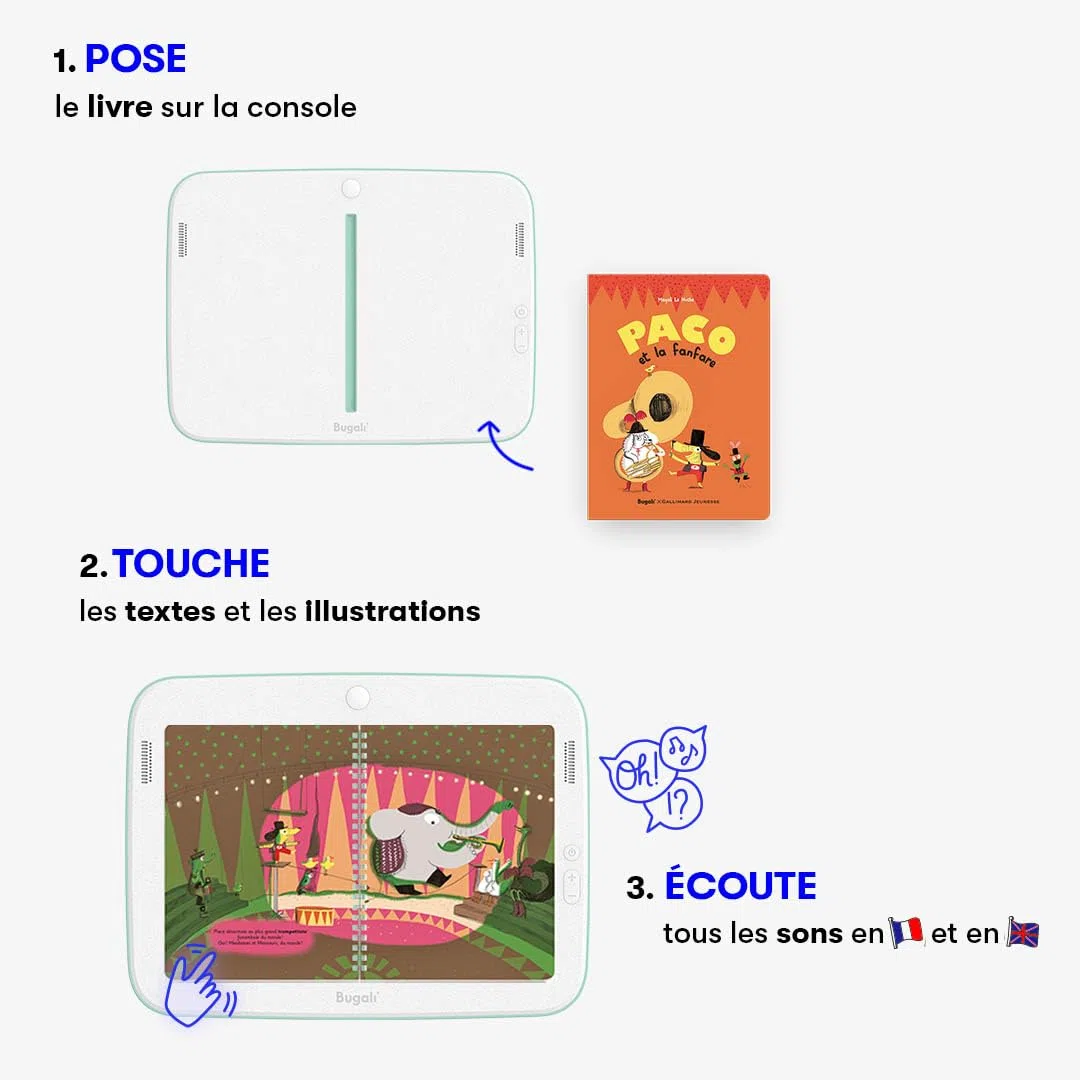 Tablette Lecture Enfant - Histoire Tactile Enfant - Pack Console & Livres pour Les Plus Petits (+3 Ans) - Verte - Paco et la Fanfare - Le Premier Jour de Minusculette - Fabriqué en France