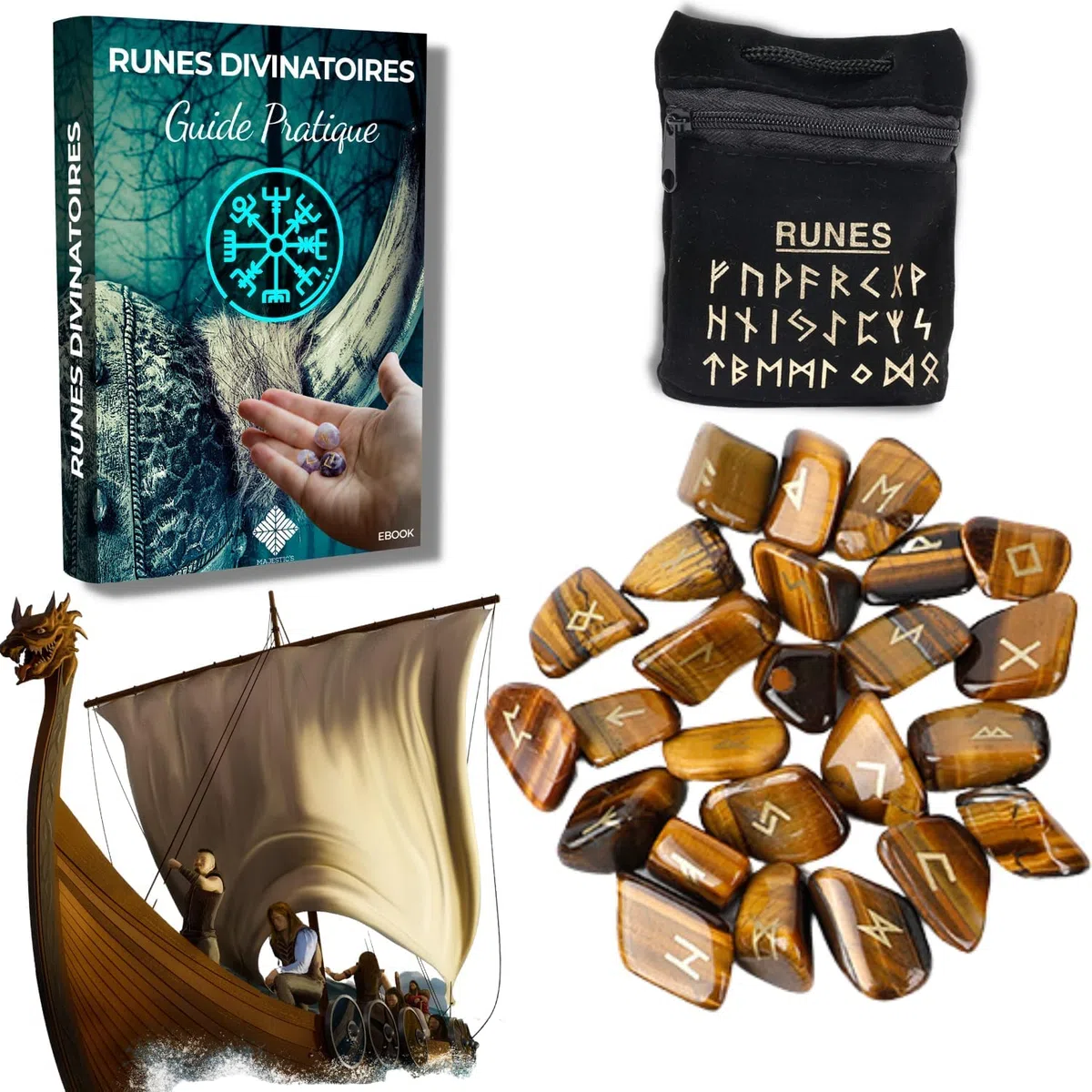 Runes Divinatoires VIKINGS - Pack de 25 Runes en Pierres Naturelles d’Oeil de Tigre Gravées (2 cm x 1 cm) + Sac Noir + Ebook Pratique (PDF) - Alphabet Runique Futhark parfait pour Divination, Voyance