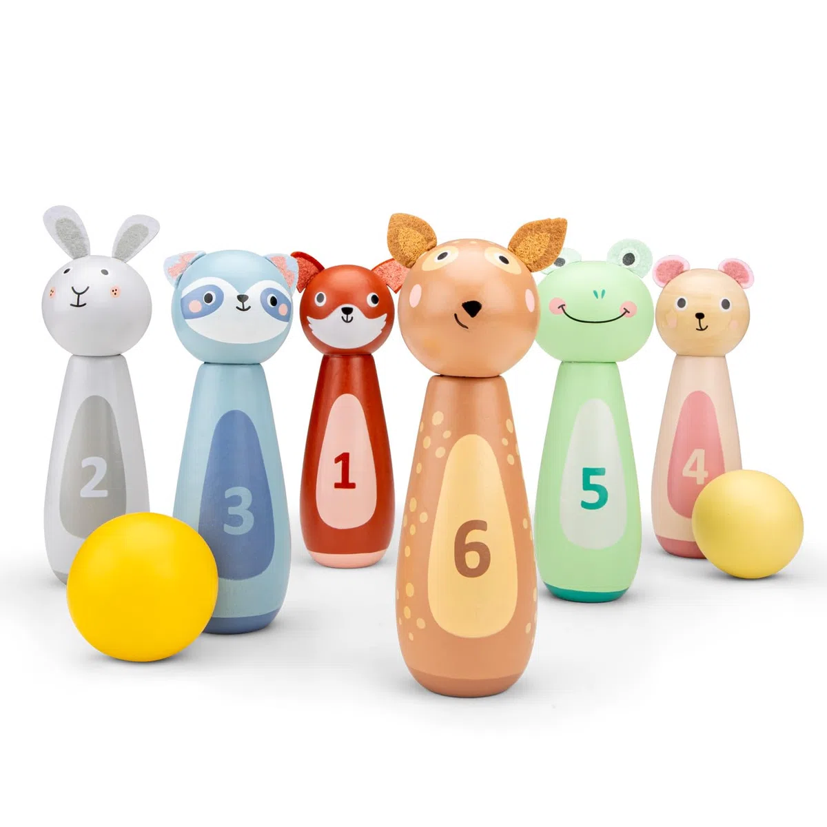 Woet® Jouet Bowling en Bois pour Enfants – Set avec 6 Quilles Animaux et 2 Boules – Jeu Intérieur Coloré pour Développement de la Motricité – À Partir de 3 Ans – Cadeau Filles et Garçons