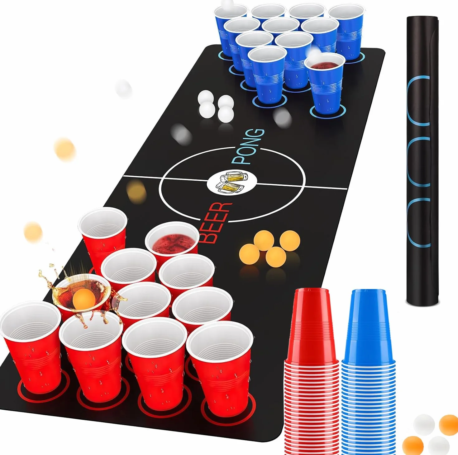 Beer Pong, Jeux à Boire Gobelets, 32 Réutilisables Tasse de Bière Pong (16 Rouge + 16 Bleu) , 8 Balles e 1 set de table, Réutilisables, pour Une Réunion D'Amis,Enterrement de Vie de Jeune Fille