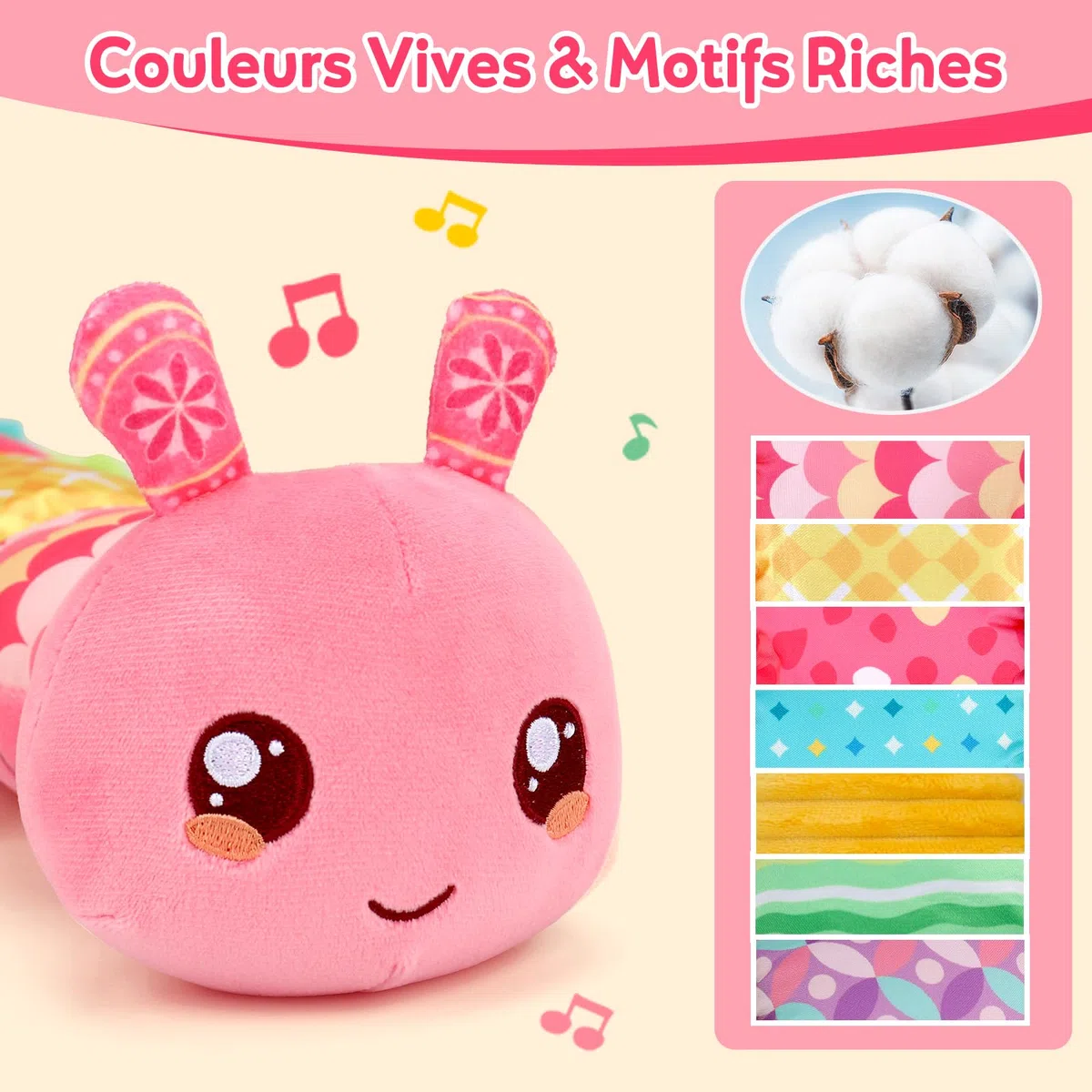 Lypsochaat Jouet Bebe 0-3-6-9-12 Mois, Jouet en Peluche Chenille Musicale, Jeux Bébé Eveil 0-3 0-6 Mois, Cadeau Naissance Fille Garcon Bébé (Rose)