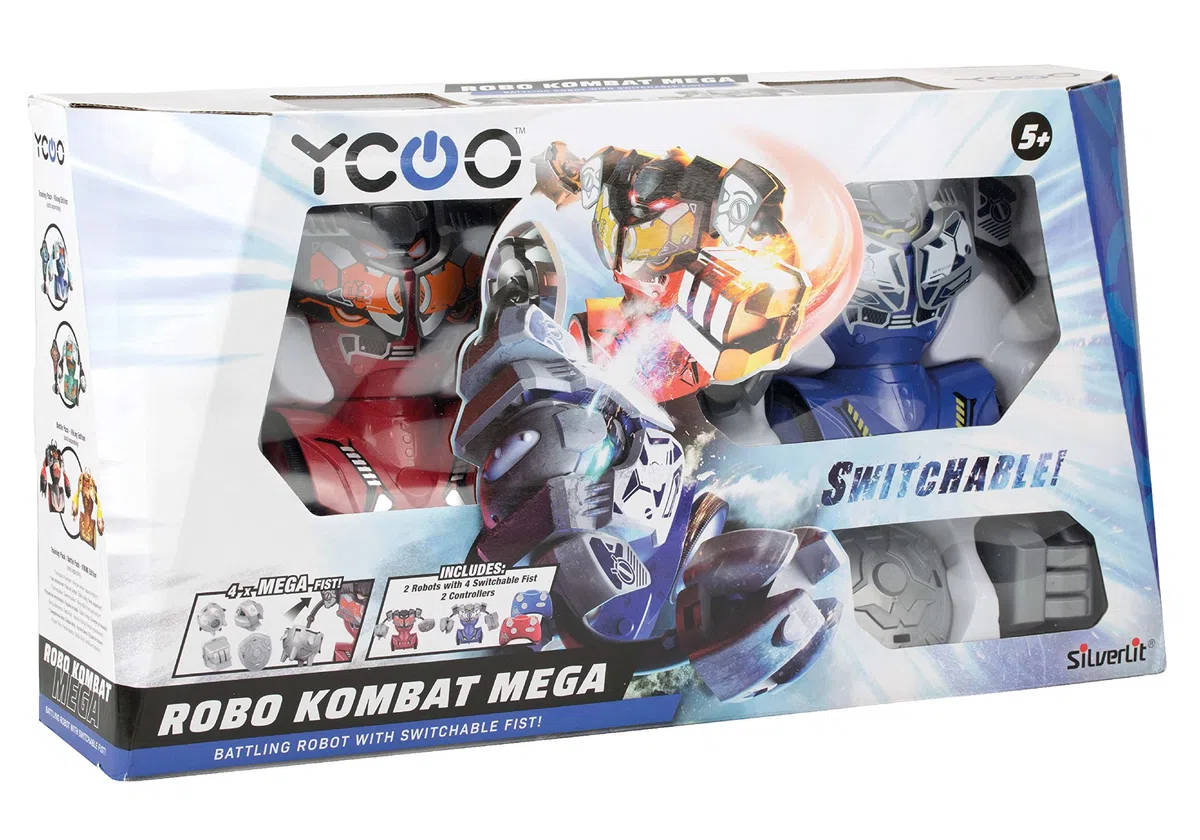 YCOO Pack 2 Robots Kombat Méga Télécommandés 16 cm, Poings Interchangeable, Jouet avec Effets sonores Et Lumineux, Dès 5 Ans