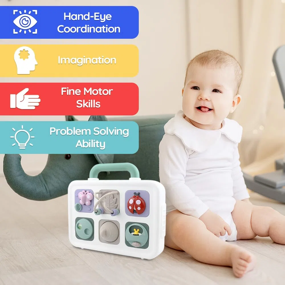 caterbee Tableau d'Activités Montessori pour Enfants, Panneau Sensoriel Éducatif avec Interrupteurs et Ventilateur, Blanc et Jaune (Forest)