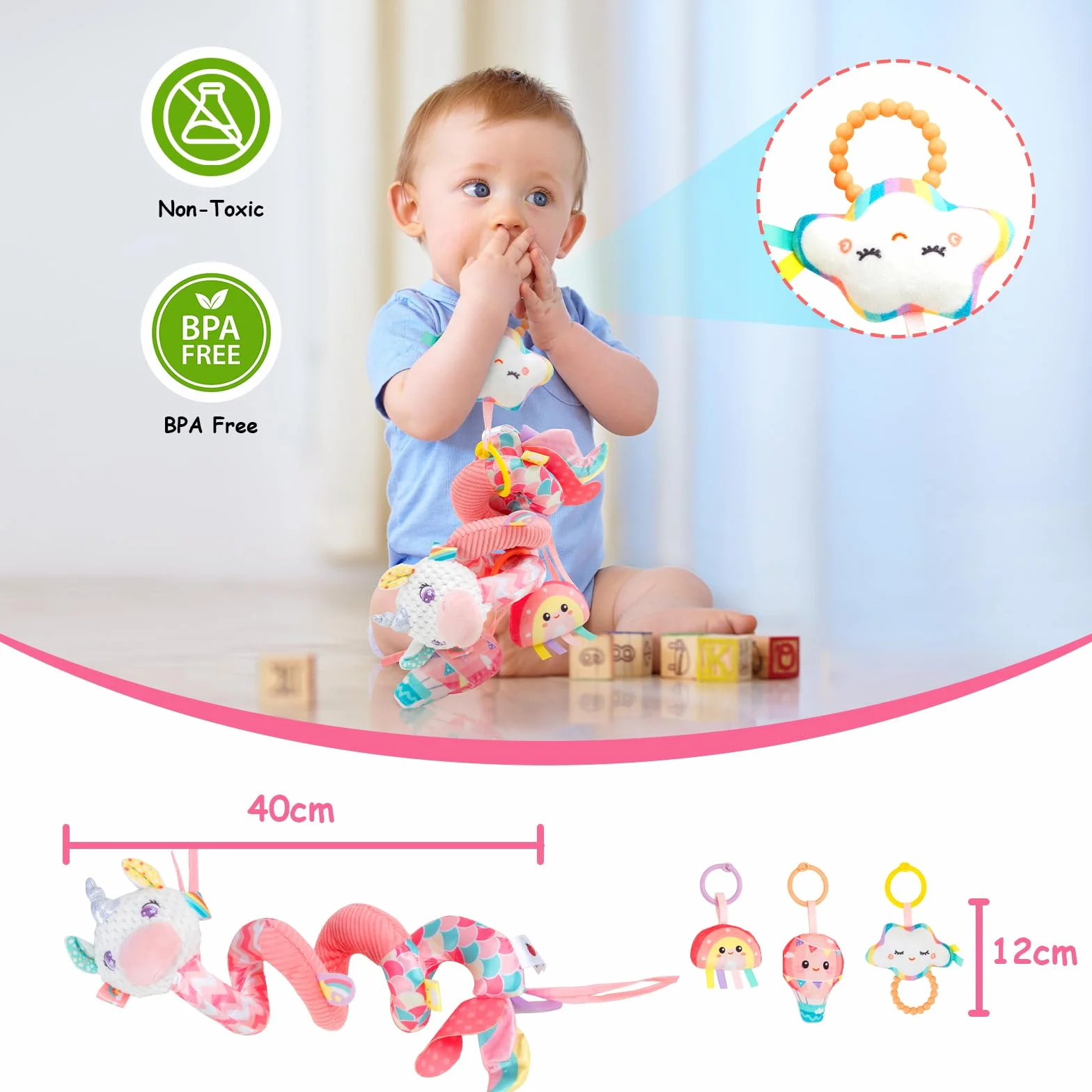 Spirale D'activité Bébé Jouets - Spirale Jouet Poussette Bebe avec Musique, Jouets Eveil Bebe, Jouet Siege Auto pour Garçons et Filles, Bébé Naissance Cadeaux 0 3 6 12 Mois, Rose
