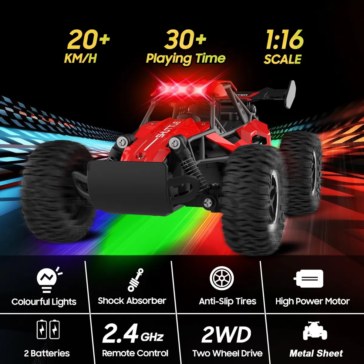 Voiture Télécommandée Tout Terrain,2.4Ghz RC Voiture Telecommandé Enfant 3 4 5 6 7+,2WD 20KM/H avec LED,Coquille Alliage,Jouet Radiocommandée Cadeau pour Fille Garcon Rouge
