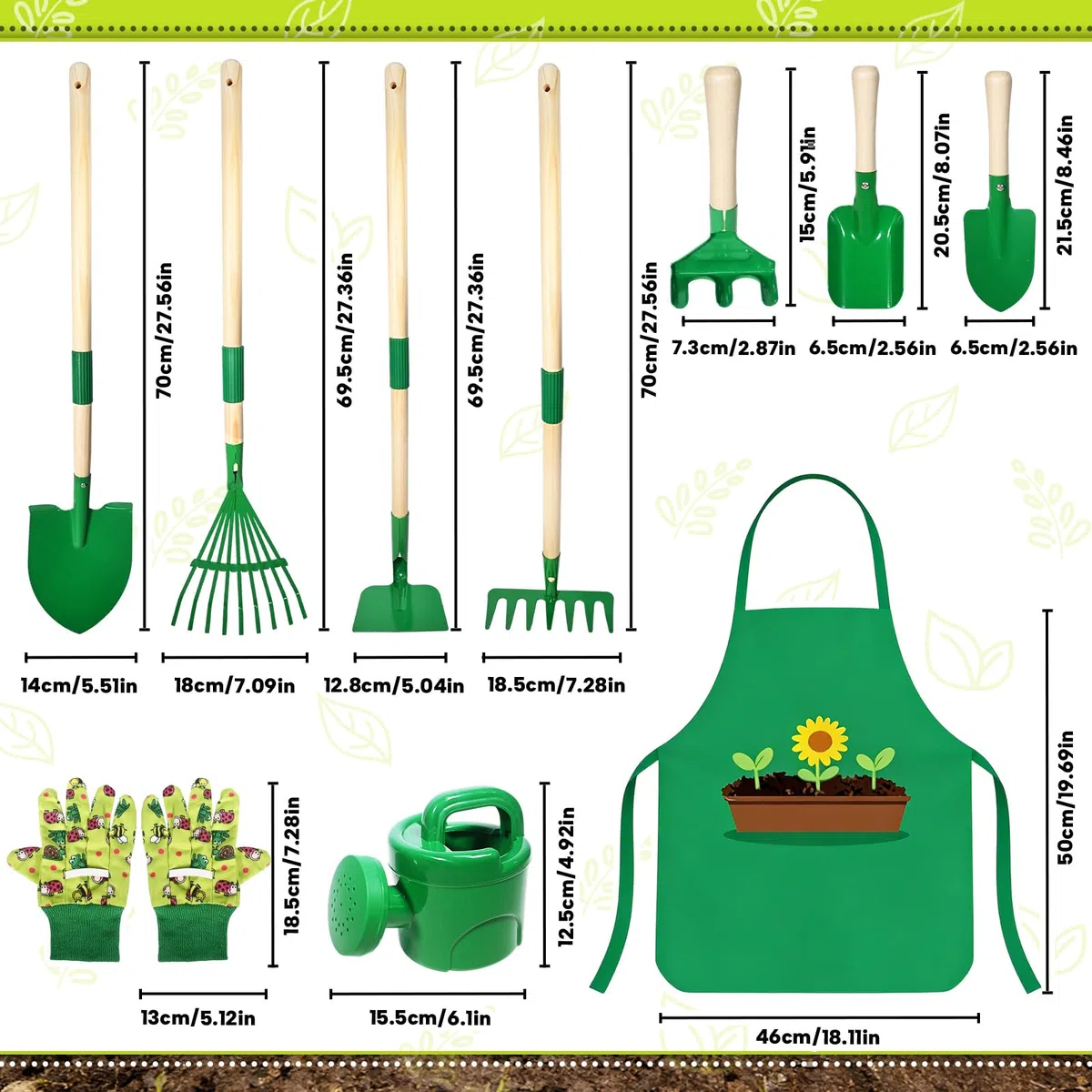Outils Jardinage Enfant, 10 Kit Jardin Métal avec Pelle, Râteau, Fourche, Gants de Travail, Tablier, Arrosoir, Ensemble Complet de Jardinage pour Enfants, Jardin Extérieur, Cour, Pelouse (A)