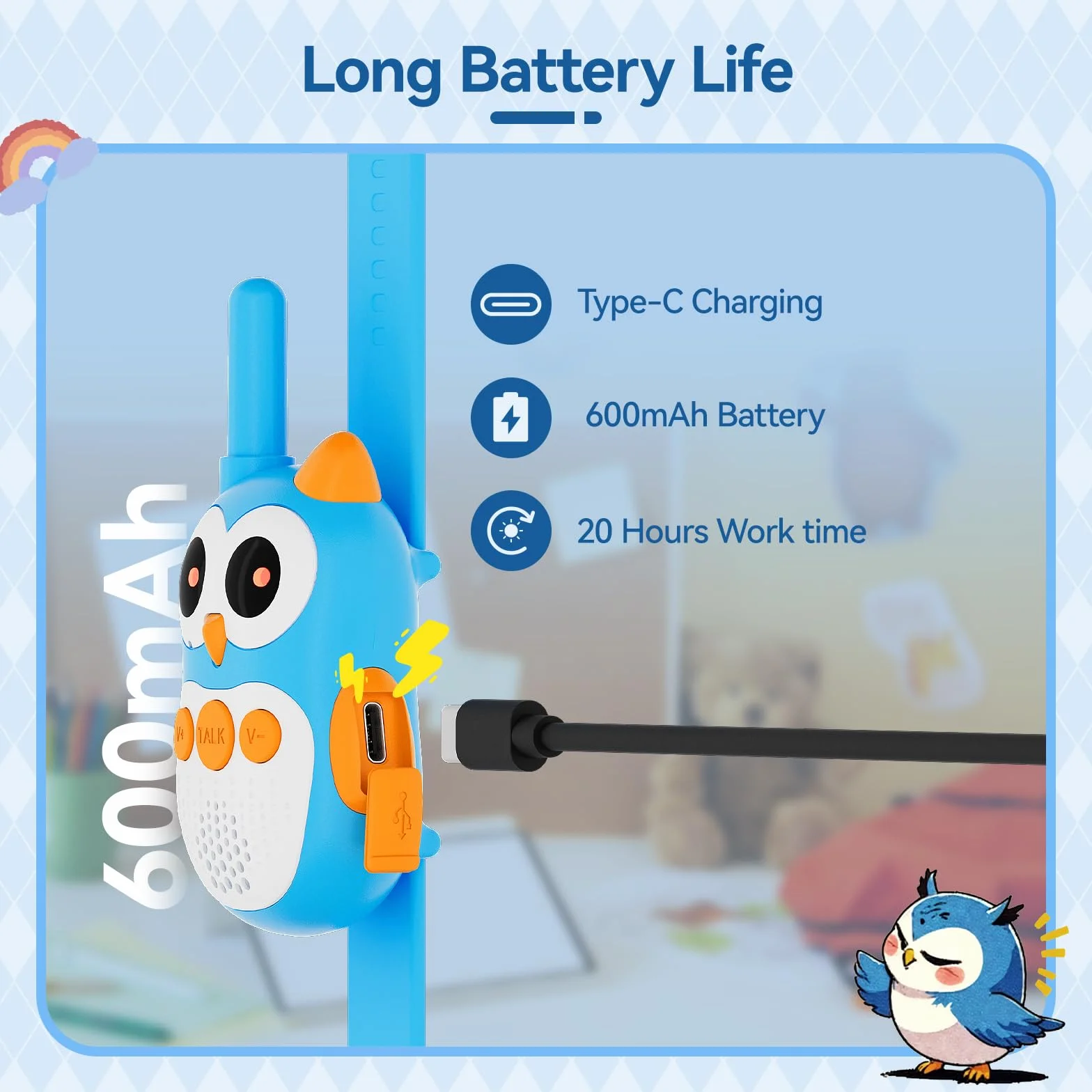Retevis RT30W Talkie Walkie Enfants, Rechargeable Jouet Enfant 4-8 Ans Garcon Hibou Jouets, LED Yeux, Garçons Filles Idée Cadeau Anniversaire Exterieur Camping Jeu Familial (1 Paire)
