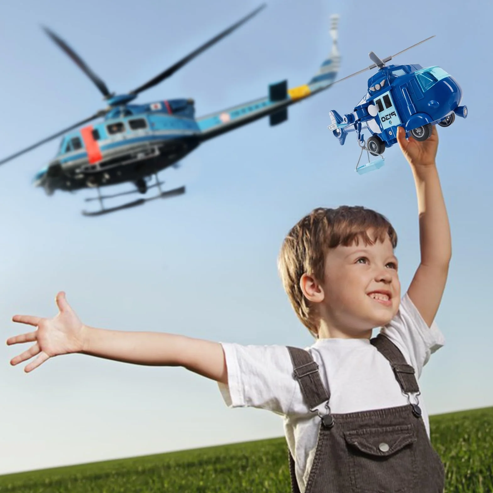 HERSITY Helicoptere Jouet Enfant avec Sons et Lumières Hélicoptère de Sauvetage avec Hélice Pivotant Friction Voiture Jouet Garçon Fille 3 4 5 Ans