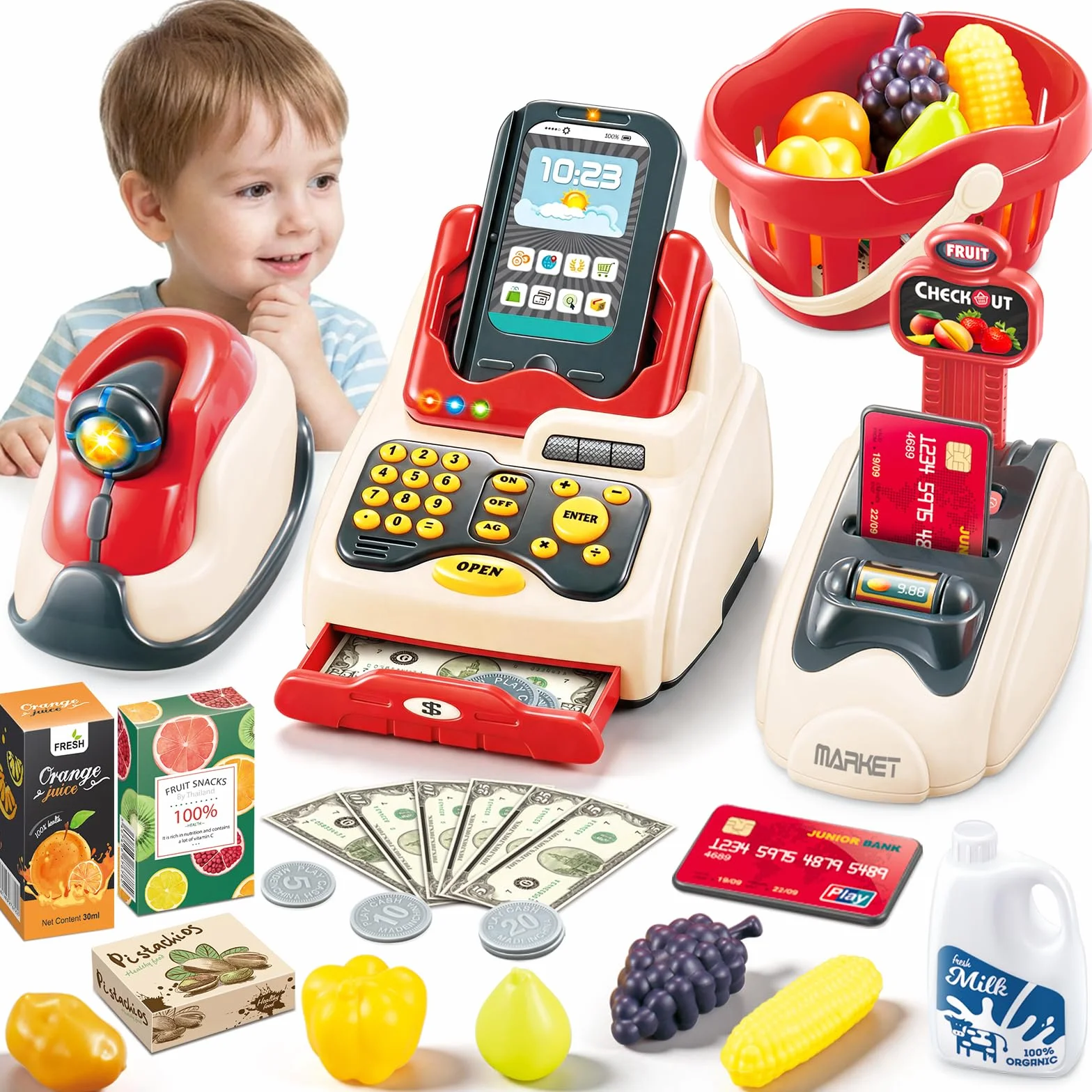 deAO Kit de supermarché avec Une Caisse enregistreuse avec Scanner, Une Carte de crédit, des Aliments, de l’Argent et des Accessoires d’épicerie – Jeu de rôle pour Enfants.