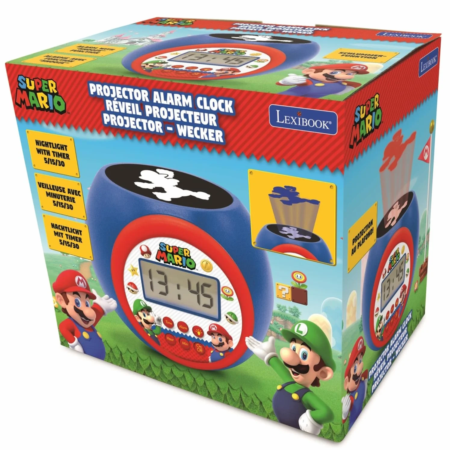 Lexibook - Nintendo Super Mario Réveil-projecteur, avec Fonction Alarme et répétition Snooze, veilleuse avec minuterie, écran LCD, à Piles, RL977NILXB