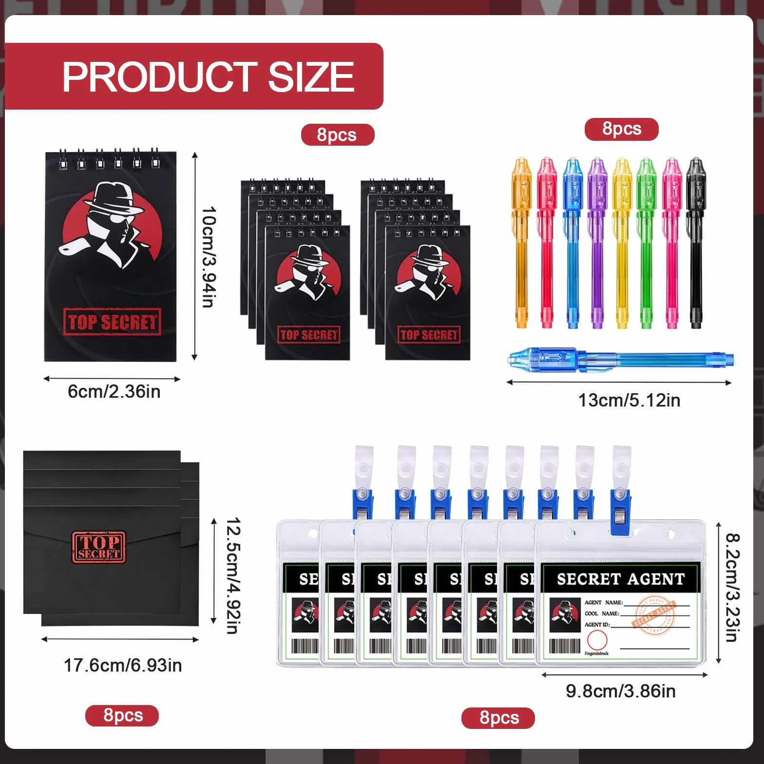 48 Pièces Kit Détective Enfant,avec Stylo UV,carnet de Notes, loupes Jouets,Carte d'identité de détective avec Clip, Tampon encreur d'empreintes digitales