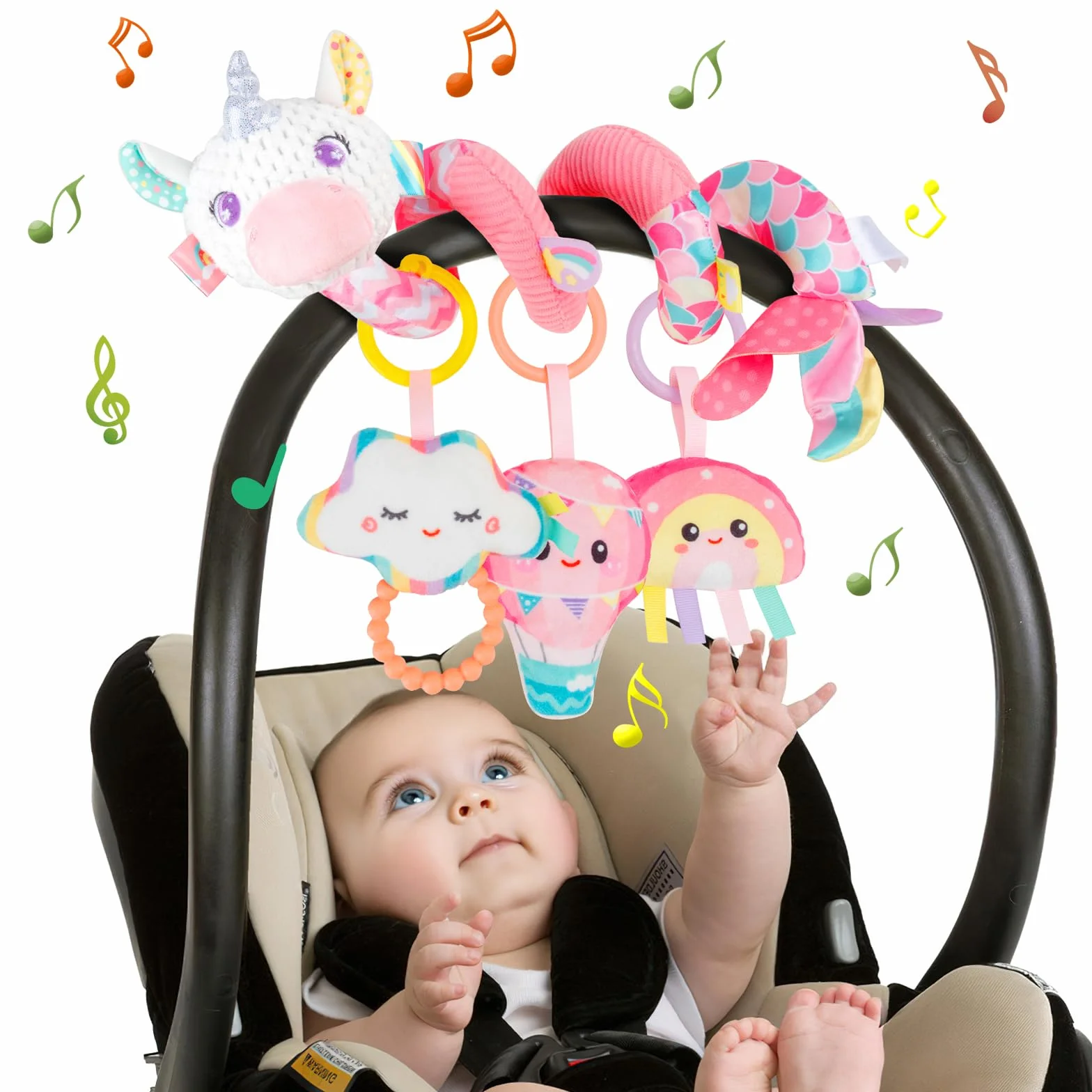 Spirale D'activité Bébé Jouets - Spirale Jouet Poussette Bebe avec Musique, Jouets Eveil Bebe, Jouet Siege Auto pour Garçons et Filles, Bébé Naissance Cadeaux 0 3 6 12 Mois, Rose