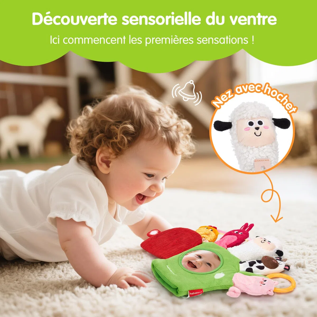hahaland Jouet Bébé 6-12 Mois – Marionnettes Animaux de Ferme avec Anneau de Dentition & Papier Froissé, Jouet Sensoriel Montessori pour Bebe Fille Garçon 6 9 12 Mois