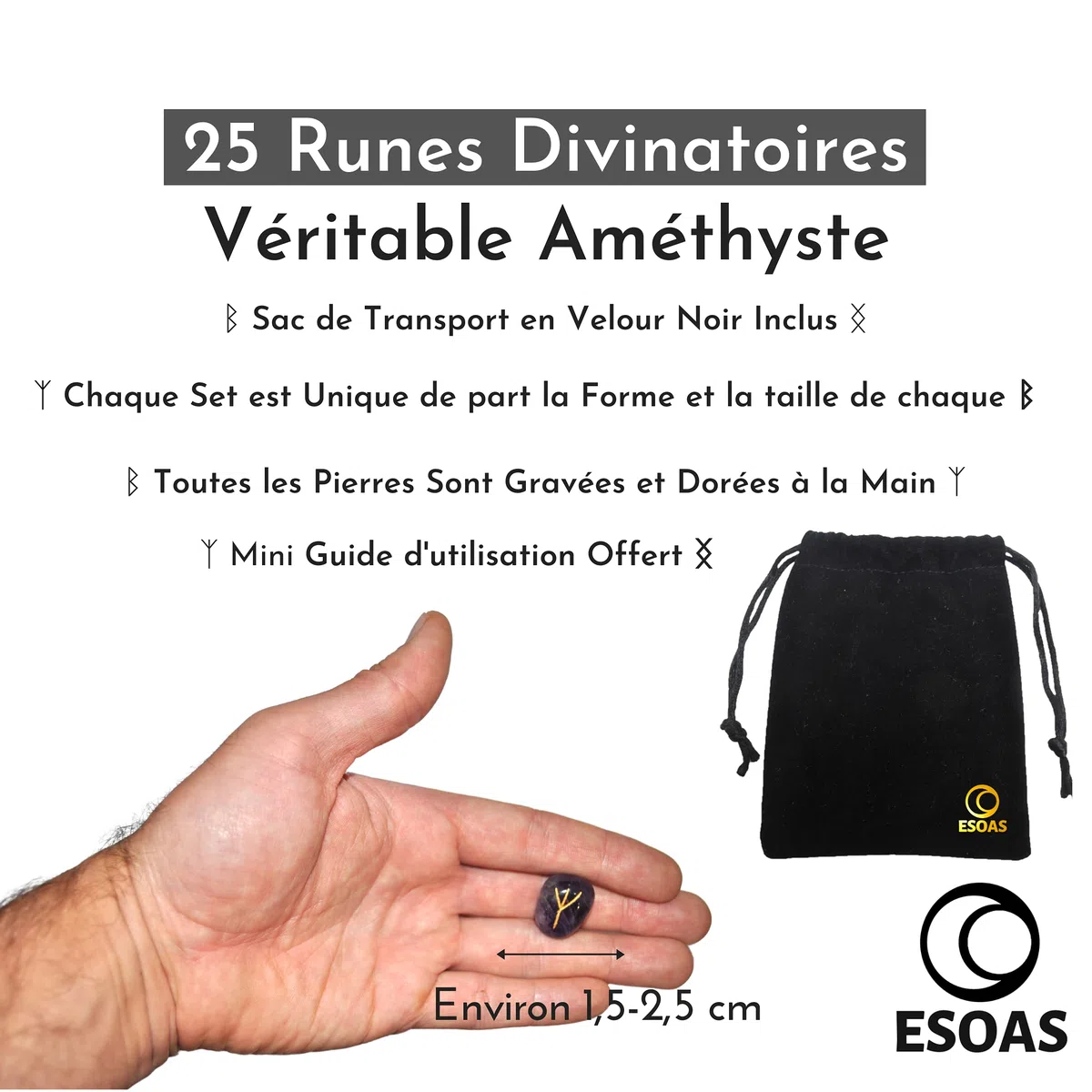 RUNES DIVINATOIRES VIKING Améthyste, Set x25 Pierres Polies Semi Précieuses Gravées Avec Sac. Idéal Pour Divination, Voyance et Magie. Alphabet Runique Futhark, Oracle de la Mythologie Nordique