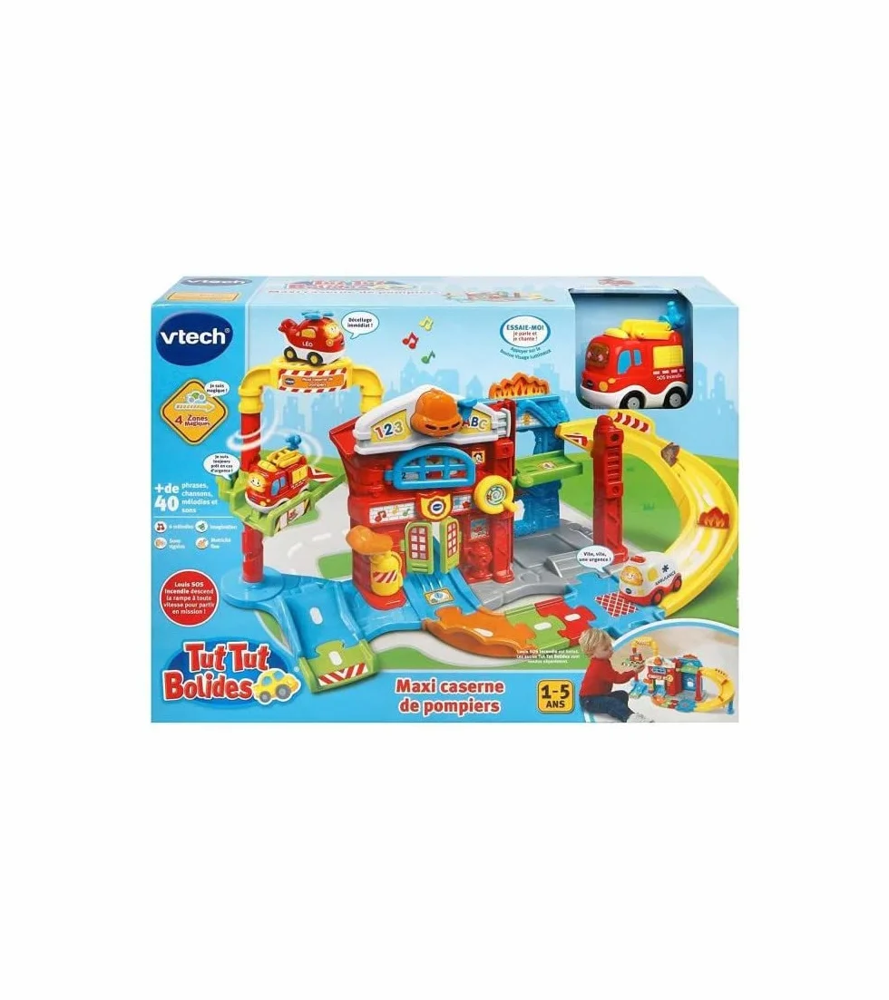 VTech - Tut Tut Bolides, Maxi Caserne de Pompiers avec Camion Louis SOS Incendie, Circuit Voitures Enfant, 4 Zones Magiques, Cadeau Fille et Garçon de 1 an à 5 Ans - Contenu en Français