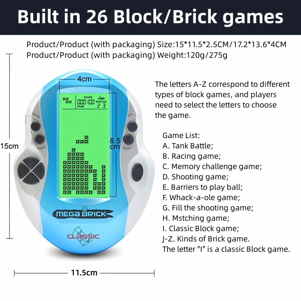 Créatif Bloquer la Console de Jeu Rétroéclairage Vert réglable 26 Jeux de Briques Jeu électronique pour Enfants Rétro Machine de Jeu Portable Jouets Cadeaux pour Enfants/Festivals (Red)