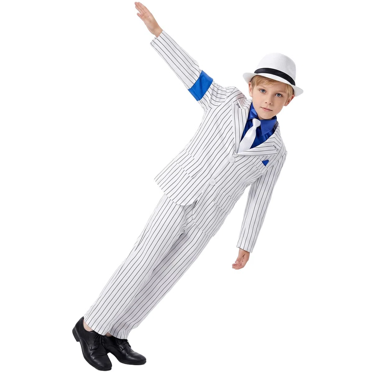 Générique Deguisement Roi de la Pop Garcon - Manteau Rayé Blanc Pantalon Cravate Années 80-90 avec Chapeau, Tenue Moonwalk pour Halloween Fete Spectacle Enfant 6-13 Ans
