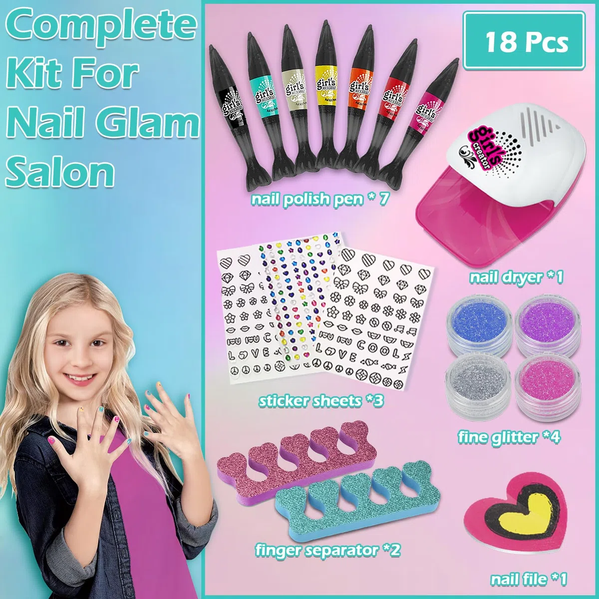 18Pcs Vernis Enfants Cadeau Fille 3 6 7 8 9 10 11 12 Ans Filles Kit Manucure Enfant Ongles Enfant Filles Jouet Fille Maquillage Kit Vernis a Ongle Jouets Cadeau pour Anniversaire Noël La Fête