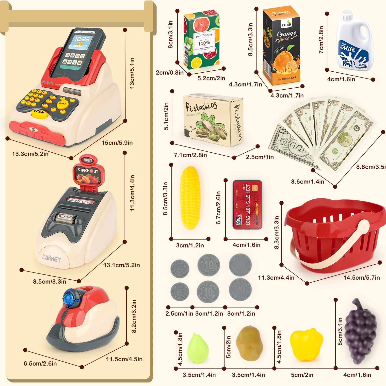 deAO Kit de supermarché avec Une Caisse enregistreuse avec Scanner, Une Carte de crédit, des Aliments, de l’Argent et des Accessoires d’épicerie – Jeu de rôle pour Enfants.