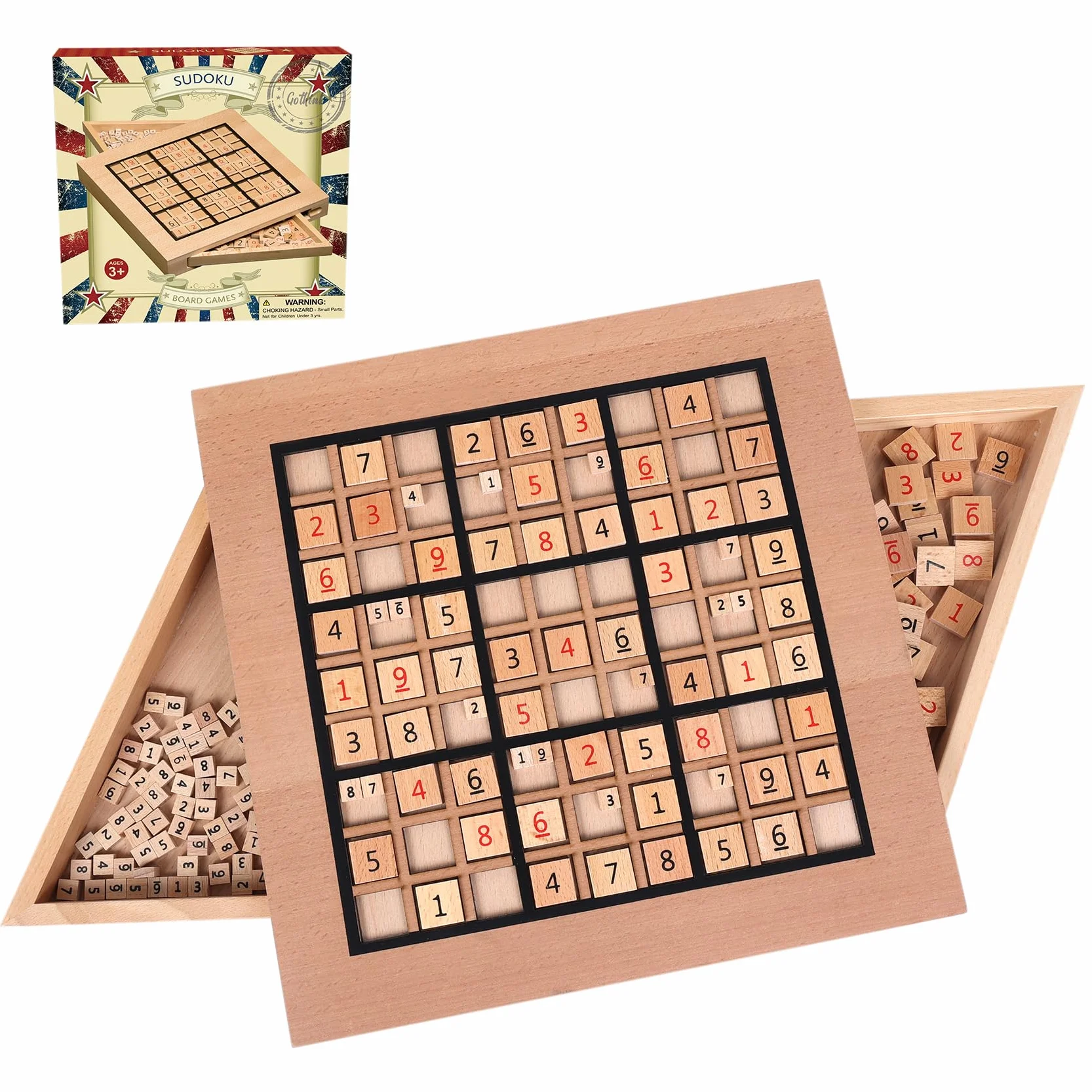 Sudoku Bois avec Plateau de Jeu, 90 Grands Chiffres et Pions Logiques, 2 Tiroirs de Rangement – Jeu de Réflexion et Entraînement Cérébral pour Tous Âges