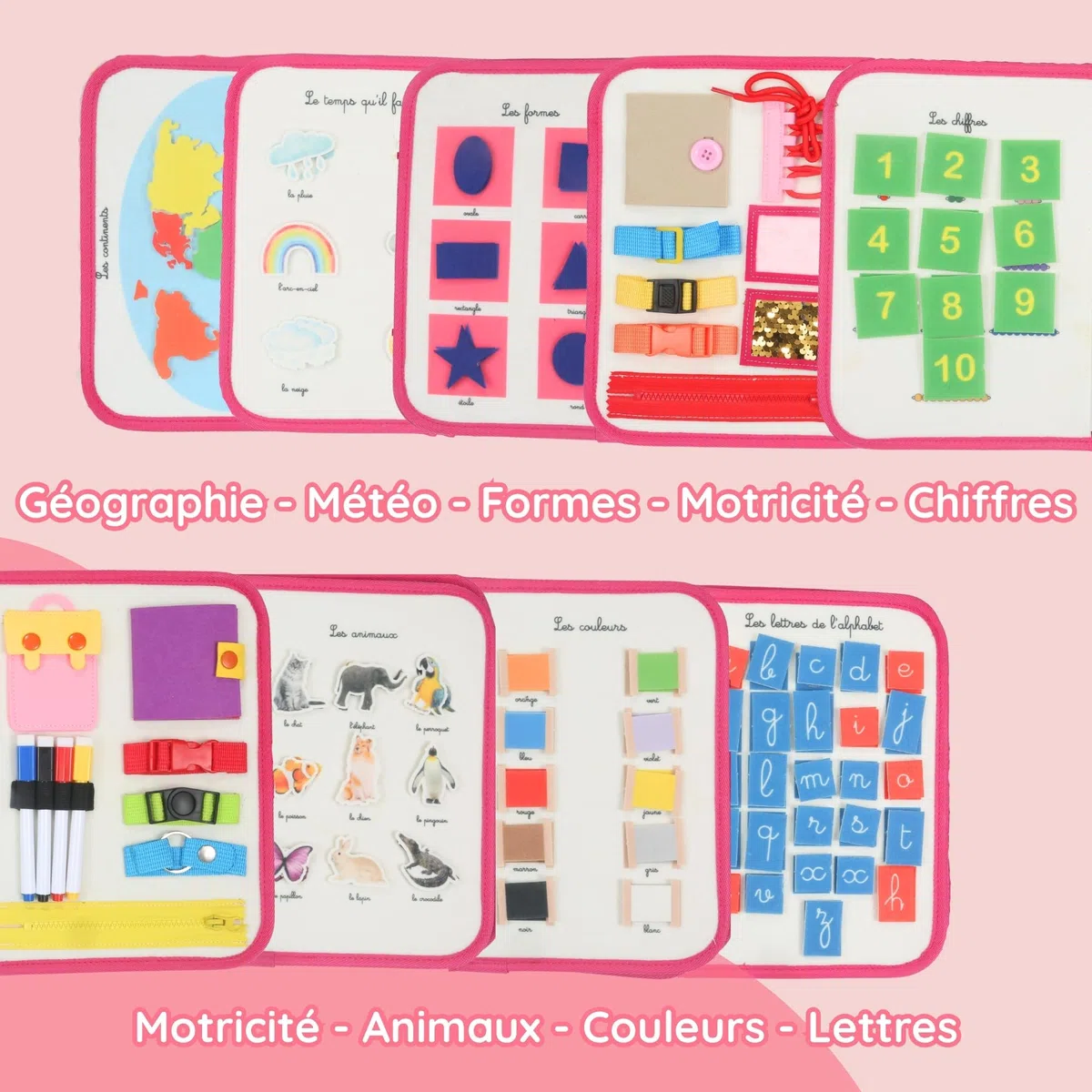 BusyBoard Montessori Français – Livre d’Activités Éducatif & Sensoriel – 2-6 Ans – 10 Pages Interactives – Montessori Authentique – Animaux, Formes, Lettres & Motricité (Rose)