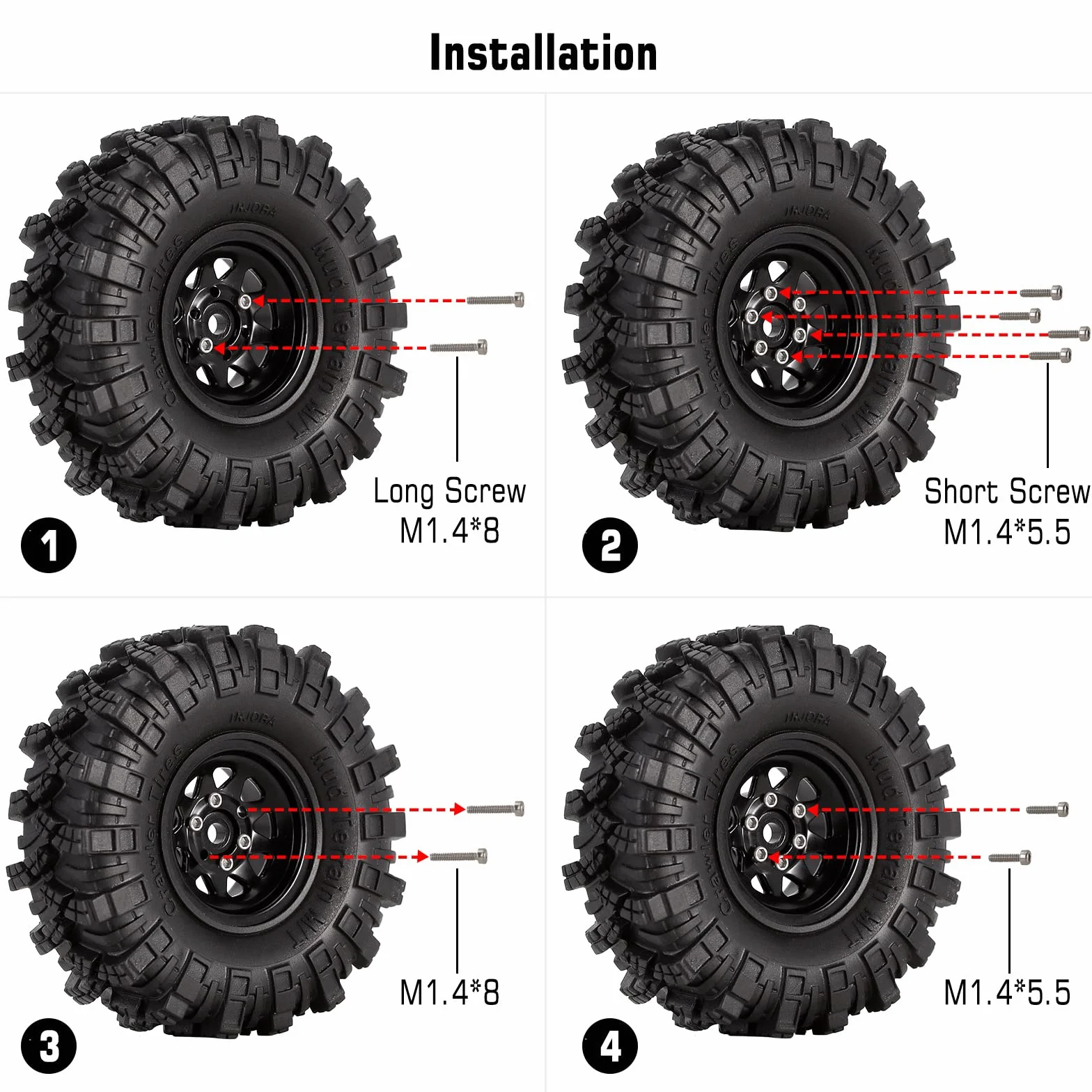 INJORA 1.0 RC Beadlock Wheel Mud Pneus Set Deep Dish 1,0 Roues Pneus pour Axial SCX24 FCX24 FCX18 Gladiator Deadbolt Bronco C10 JLU Upgrade Parts RC Crawler Car,Noir