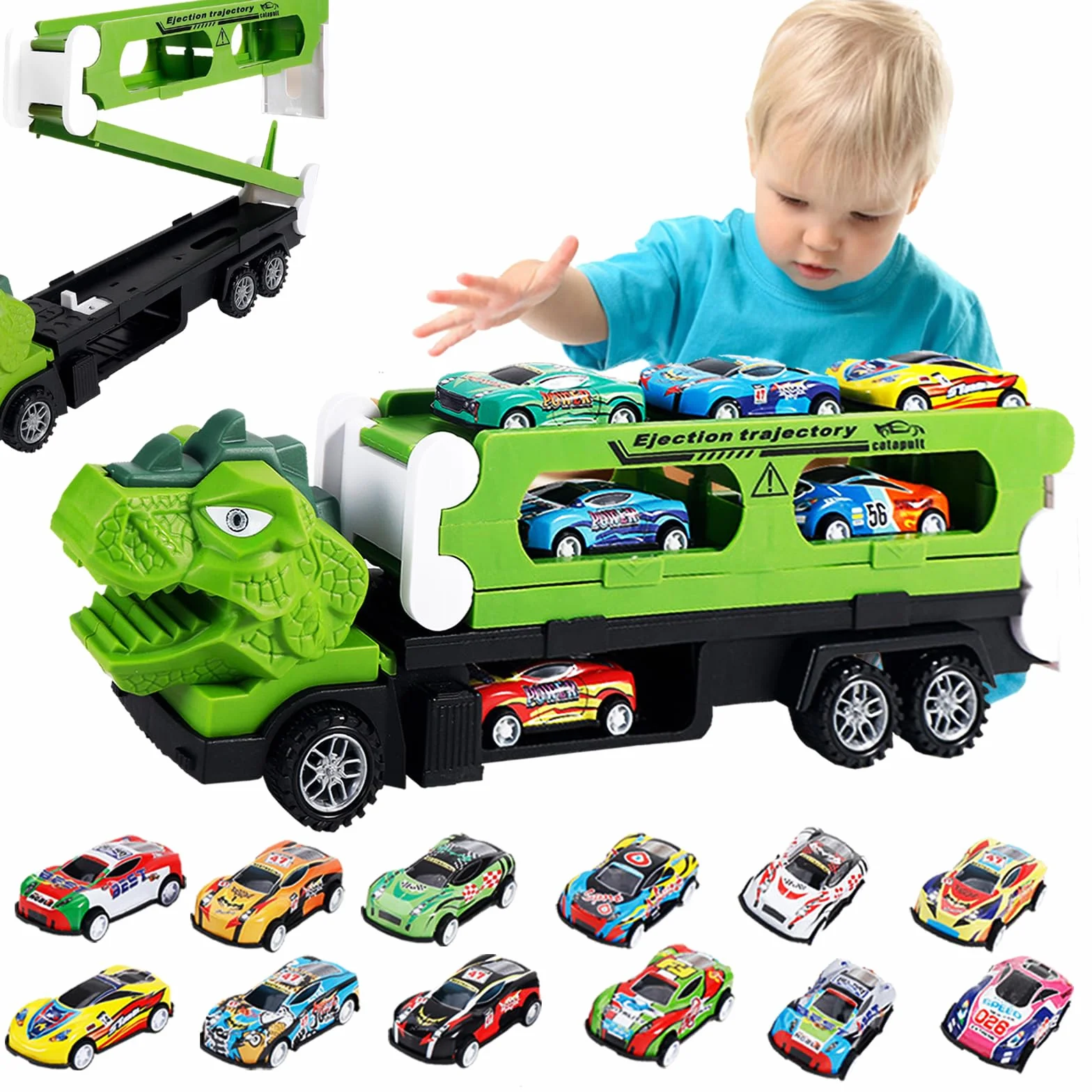 Kit de transport dinosaure 2 en 1 avec 12 voitures jouets en métal, circuit de course portable pour enfants, camion de transport et circuit de course, cadeau pour garçons de 3 à 8 ans