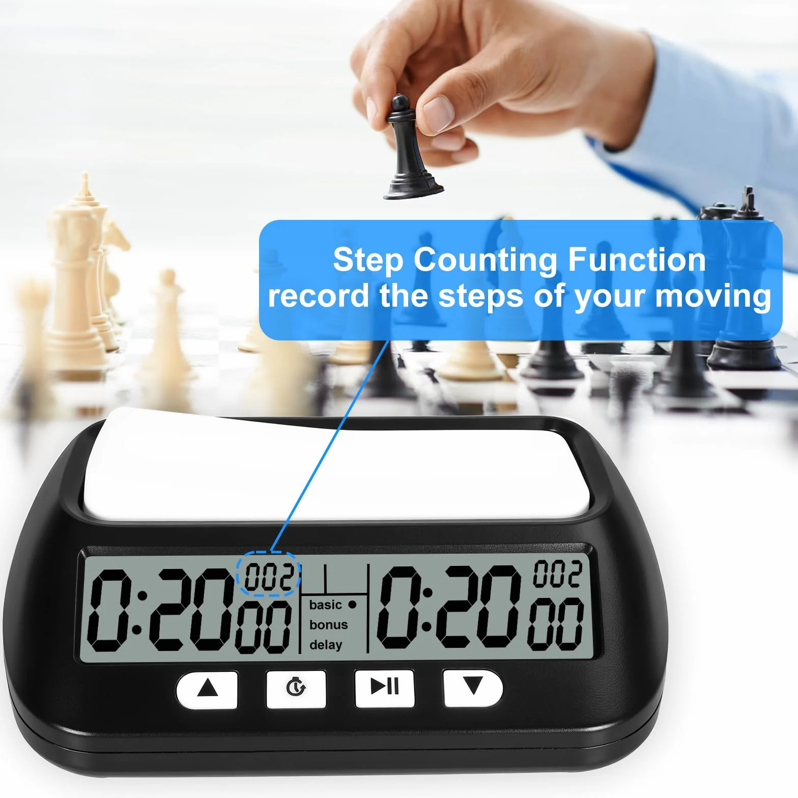 USHOP Horloge d'échecs Professionnelle​​,Minuteur d'échecs numérique Multifonction​​ – Compte à rebours/Bonus/délai,Commandes à 4 Boutons​​,​​Design compétition​​ pour Tournois et Jeux de société
