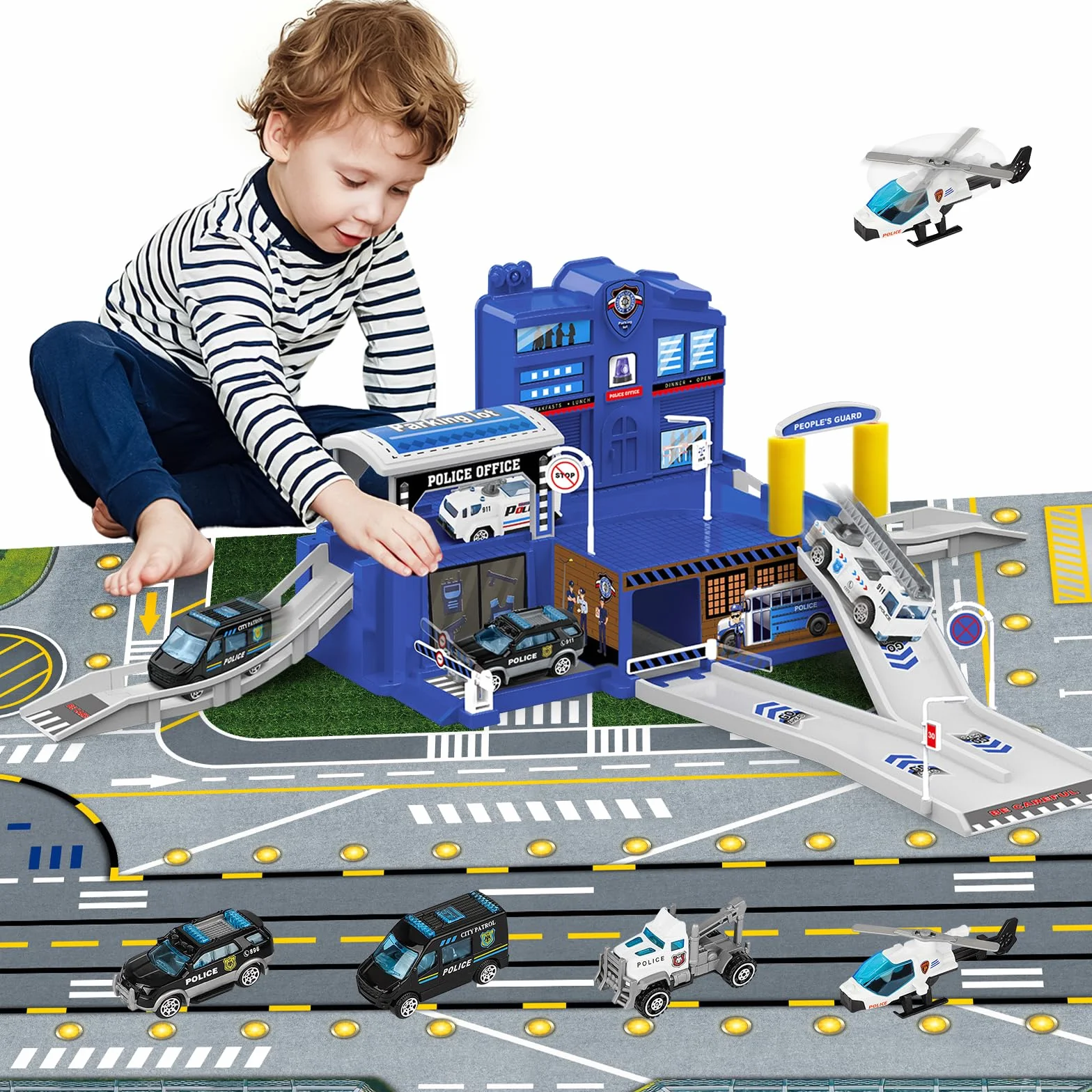 deAO City Poste de Police, Jouet de Construction avec Bâtiment de Bureau, Véhicules de Police, Hélicoptère, Camion, City Police Station avec Voiture de Police, Cadeau pour Garçons et Filles de 6 Ans+