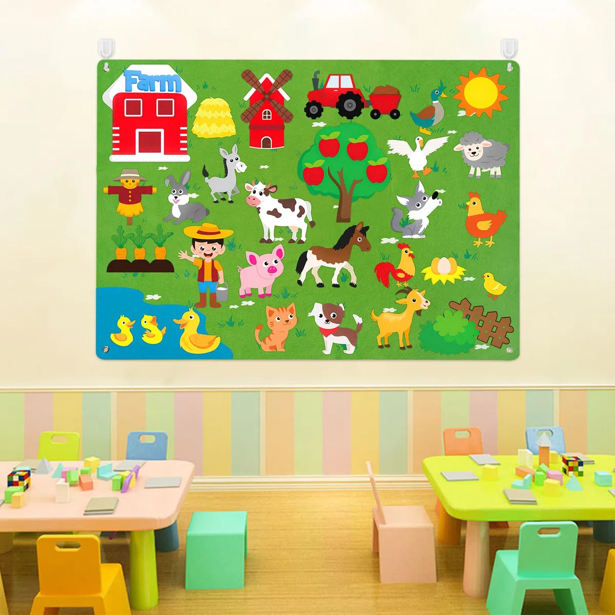 WATINC Felt Farm Story Board Set 38 pièces Animaux domestiques préscolaires Conte Flanelle Conseil bétail Apprentissage précoce Kit de Jeu éducatif Suspendu Jouets pédagogiques
