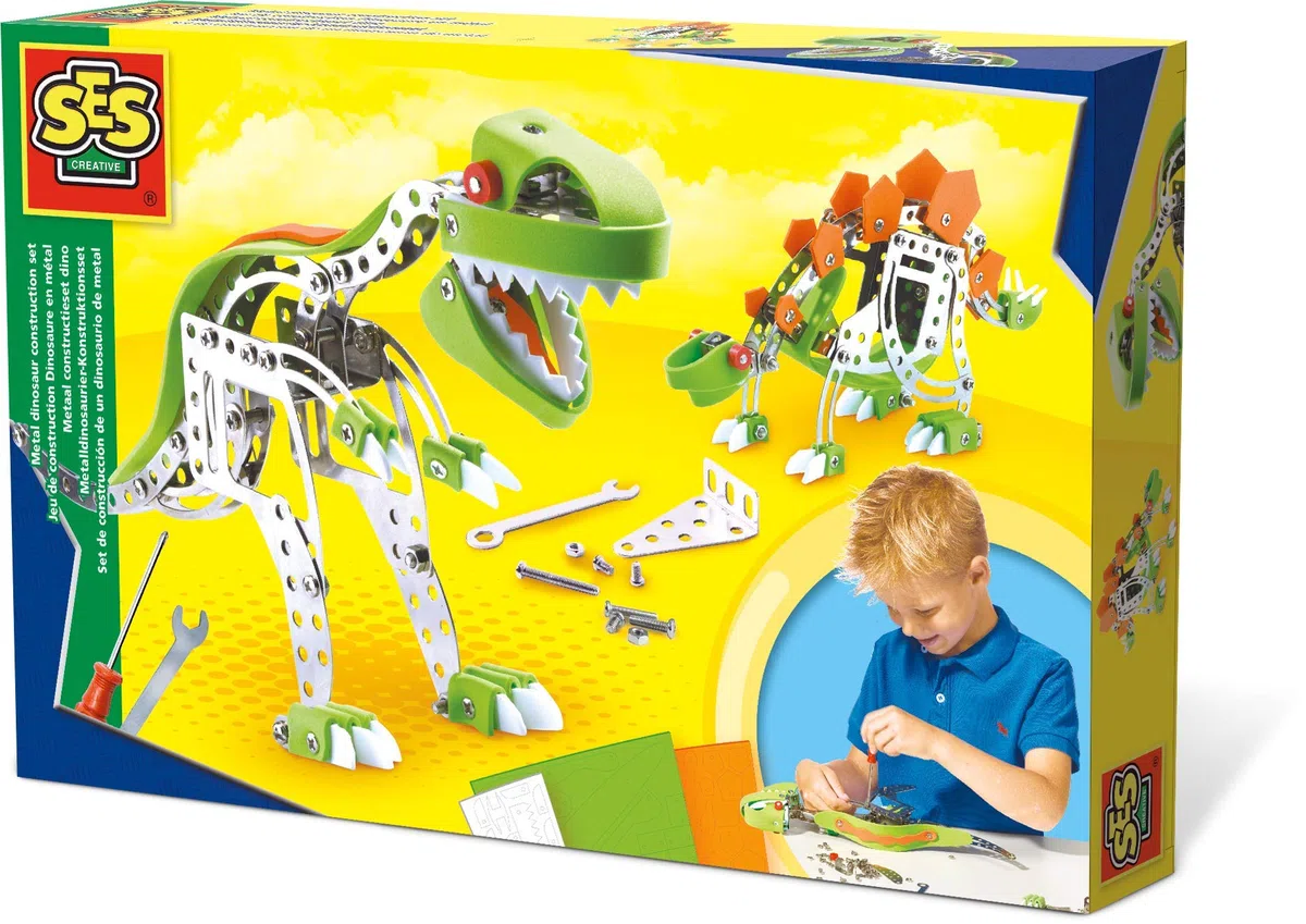 SES Creative 14958 - Dinosaure métallique à construire, construit ton propre dinosaure, comprend un tournecis et une clé à molette, pour les enfants