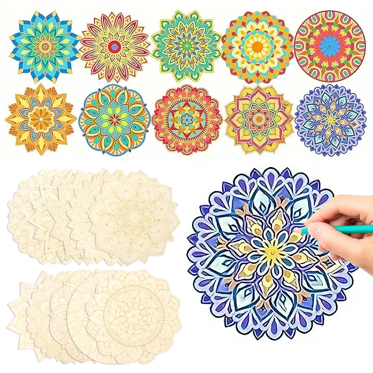 Ensemble de peinture mandala en bois, 10 pièces, bordure décorative en bois brut à peindre, mandala, ornement pour adultes pour se détendre, peinture, bricolage, décorations d'intérieur