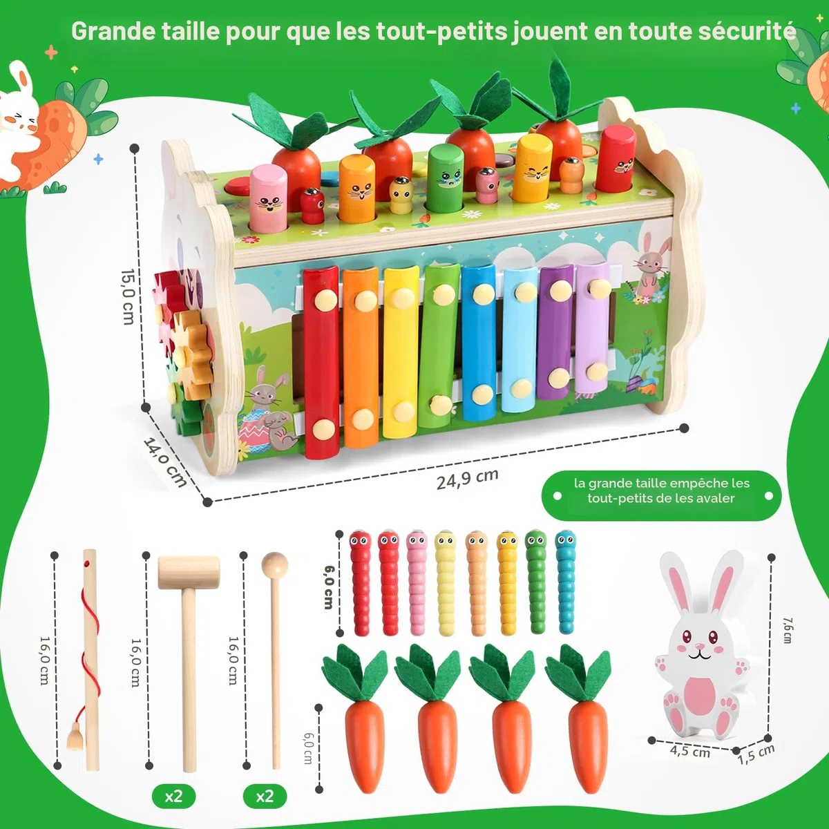 Fajiabao Jouet Bebe 1 an Montessori- 7 en 1 Jeux en Bois Educatif Jouet Enfant 1 an Jeu Marteau et Xylophone Bebe, Cueillir Les Navets, Cadeau Enfant 1 2 3 Ans Garcon Fille Anniversaire