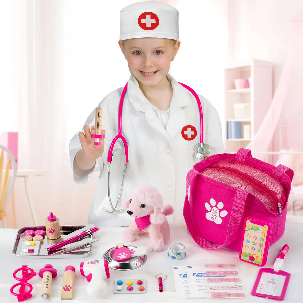 EFO SHM Mallette de médecin en Bois pour Enfants - Jouet vétérinaire - Mallette de Docteur avec Blouse de médecin - Véritable stéthoscope - Thermomètre - Vétérinaire - Jeu de rôle - Cadeau de 3 Ans