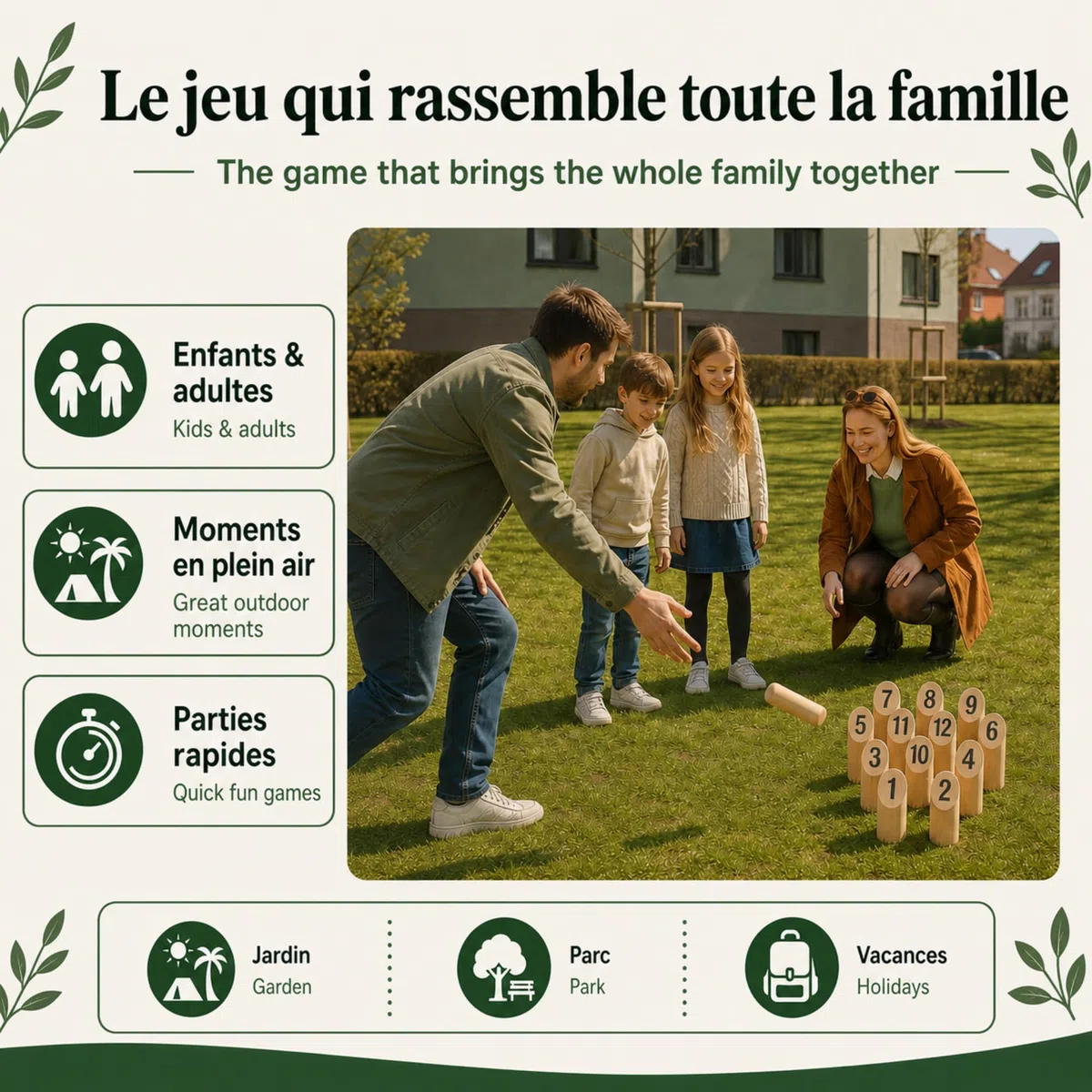 GRENADINE BOUTIQUE Jeu de Quilles Nordiques en Bois – Jeu Exterieur – Famille Adresse Strategie Jardin Plage Camping – Jeu en Bois Naturel – Kubb Bois – Enfants Adultes - Lot 12 Quilles